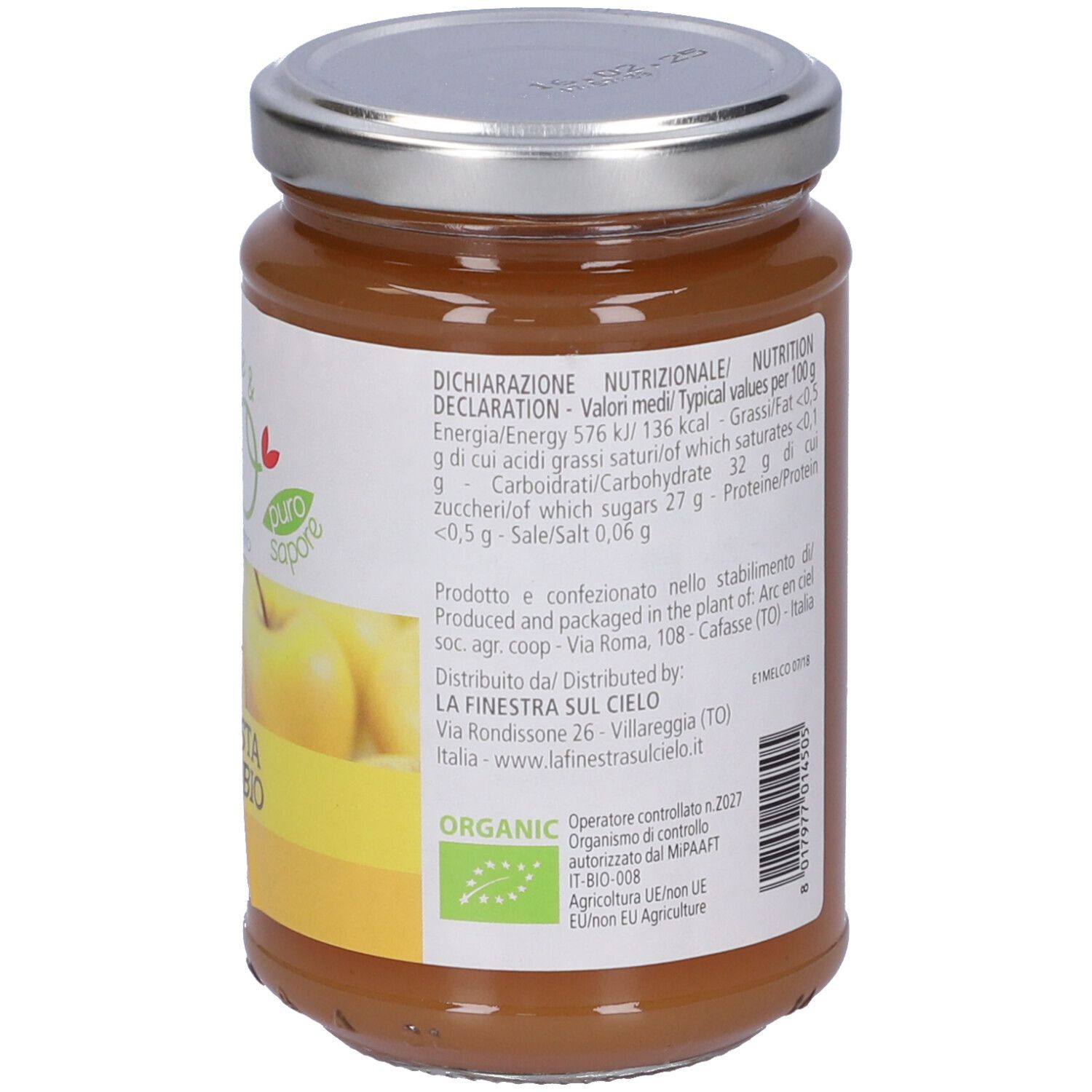 Vasetto di composta di mele. Retro con elenco ingredienti, informazioni nutrizionali e logo. Sigillo vegano. 320g.