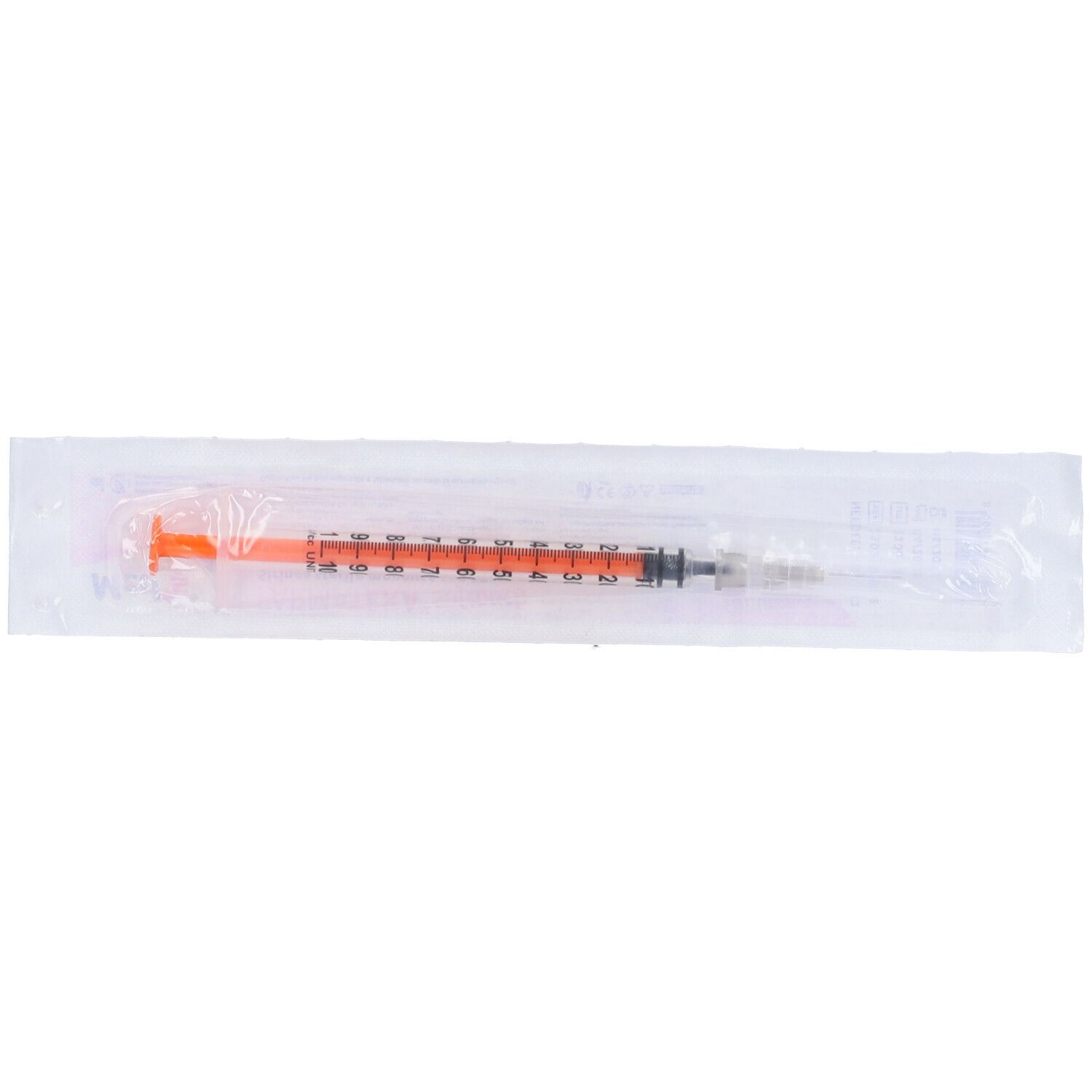 Siringa sterile monouso con ago, confezionata. Stantuffo arancione, scala trasparente.