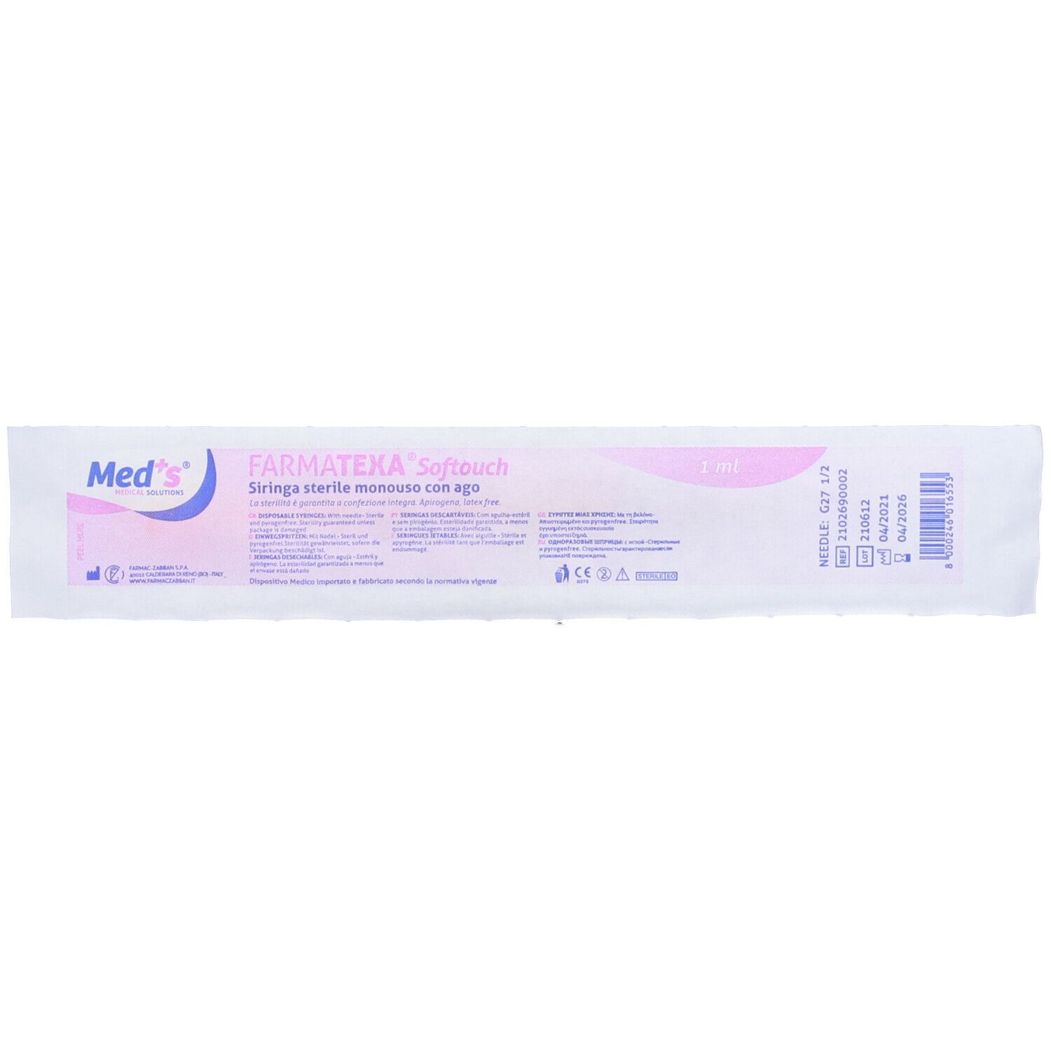 Confezione di siringa sterile monouso con ago. Testo: FARMATEKA Softouch, Siringa sterile monouso con ago.