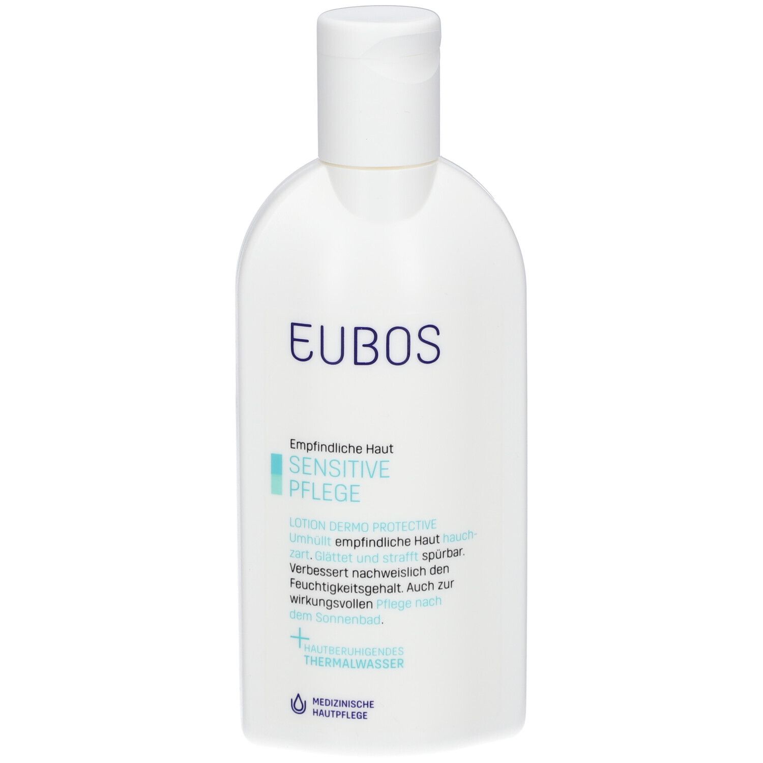 Weiße Flasche mit blauem EUBOS-Logo. Text: Empfindliche Haut, Sensitive Pflege, Lotion Dermo-Protective. Medizinische Hautpflege.