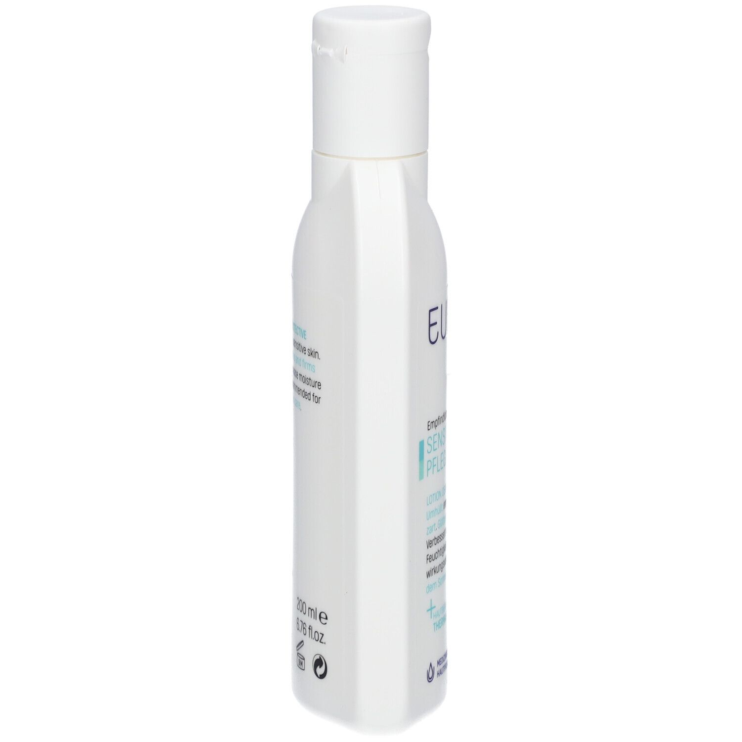Weiße Flasche mit Text: Sensitive Skin, Sensitive Care, Lotion Dermo-Protective. 0% Mikroplastik, PEG, Mineralöle, Lanolin. 200 ml.