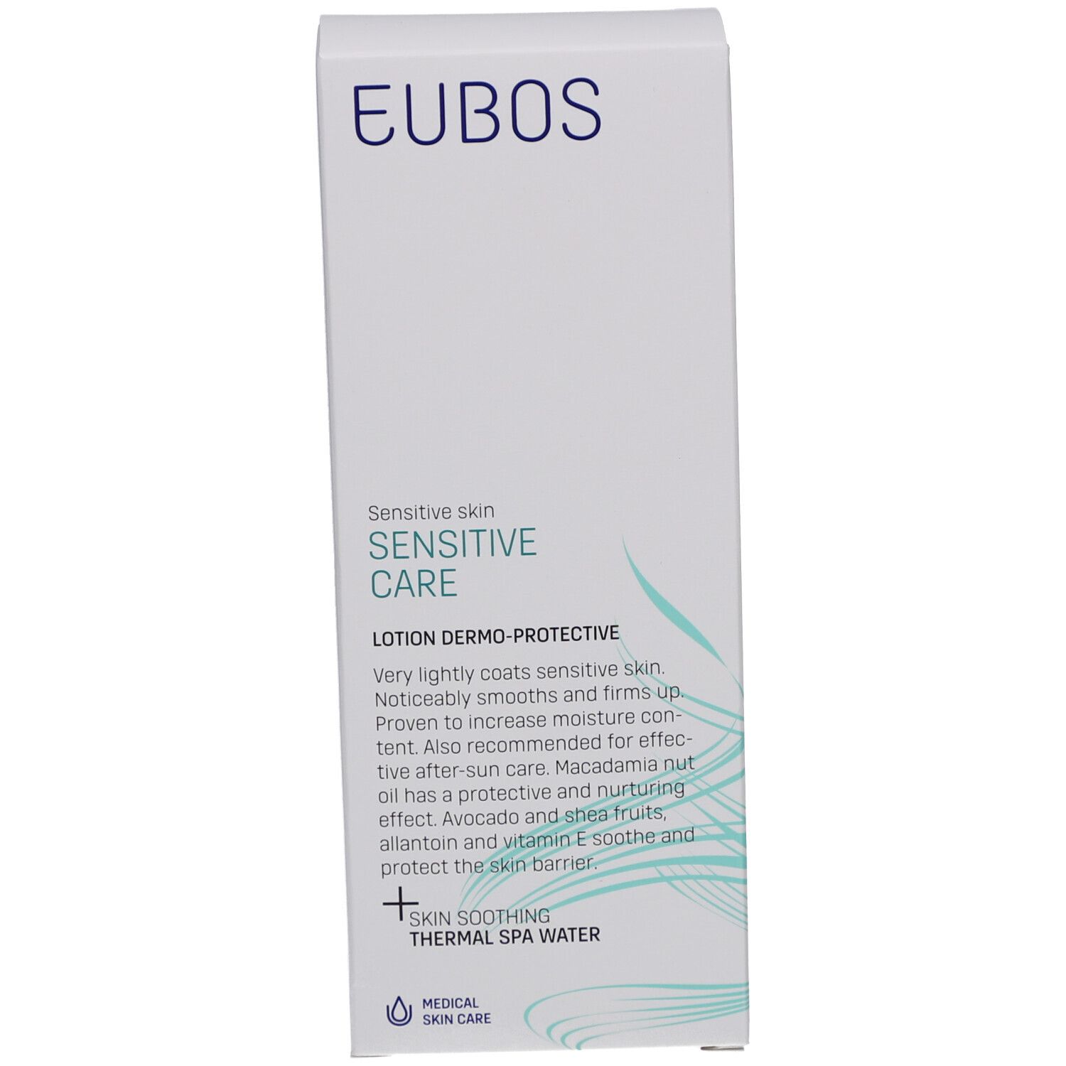 Weiße Produktverpackung mit blauem EUBOS-Logo. Text: Sensitive Skin, Sensitive Care, Lotion Dermo-Protective. Medizinische Hautpflege.