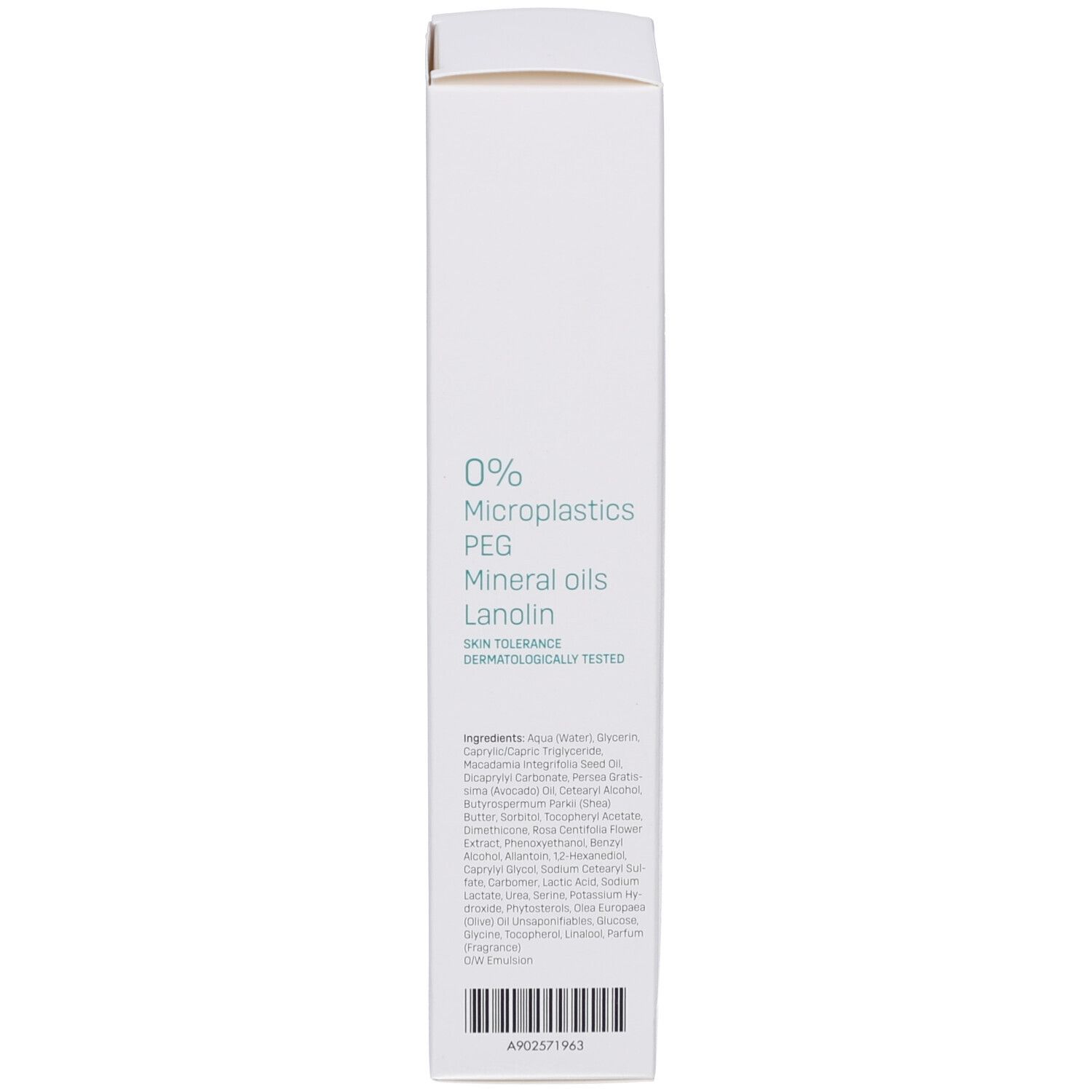 Weiße Produktverpackung. Text: 0% Mikroplastik, PEG, Mineralöle, Lanolin. Inhaltsstoffe. Dermatologisch getestet. Barcode.