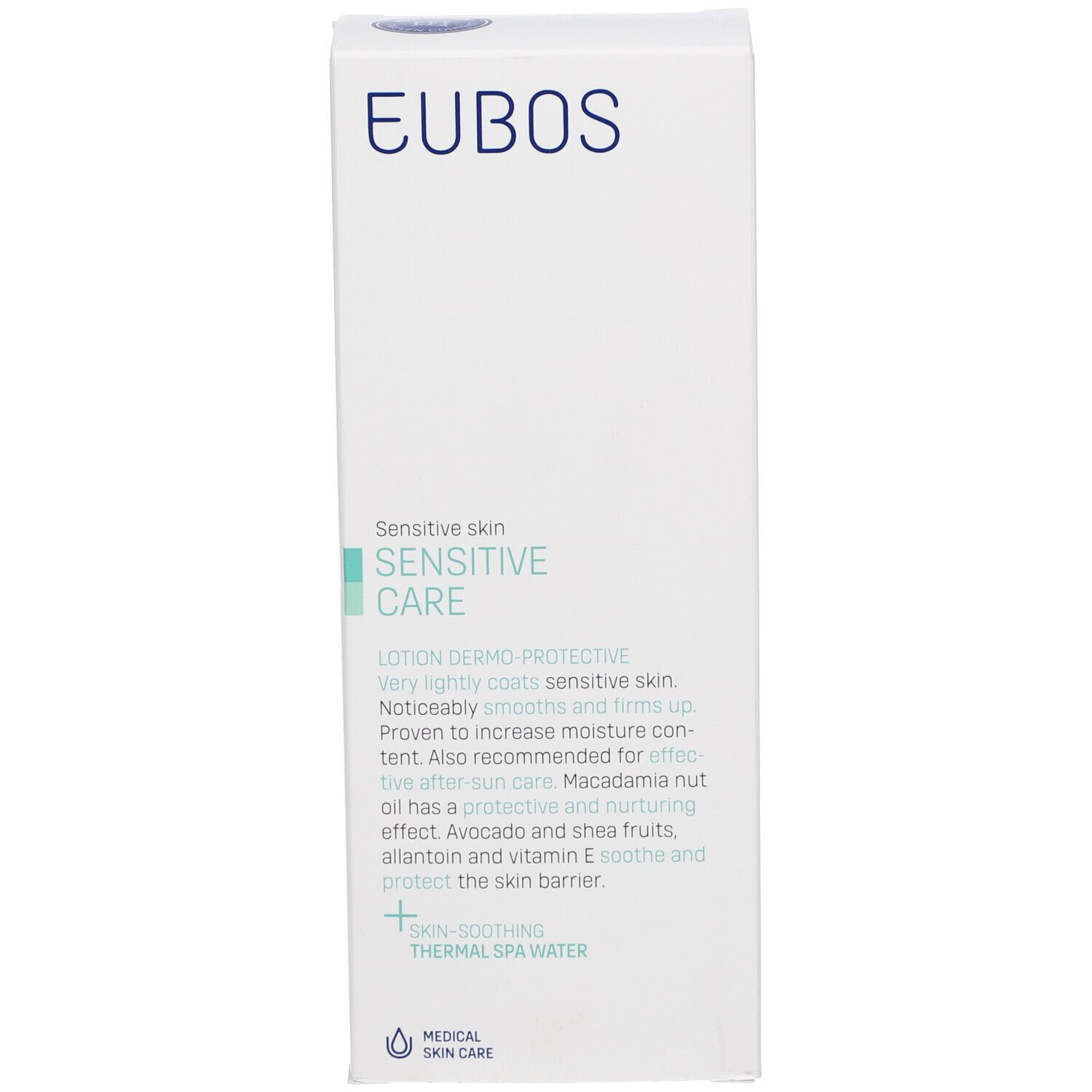 Weiße Produktverpackung mit blauem EUBOS-Logo. Text: Sensitive Skin, Sensitive Care, Lotion Dermo-Protective. Medizinische Hautpflege.
