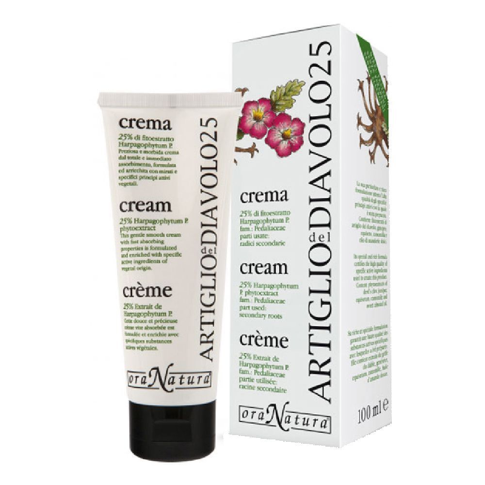Tubo e scatola di crema. Scritta: ARTIGLIO DIAVOLO 25. Nome del prodotto e ingredienti in più lingue.