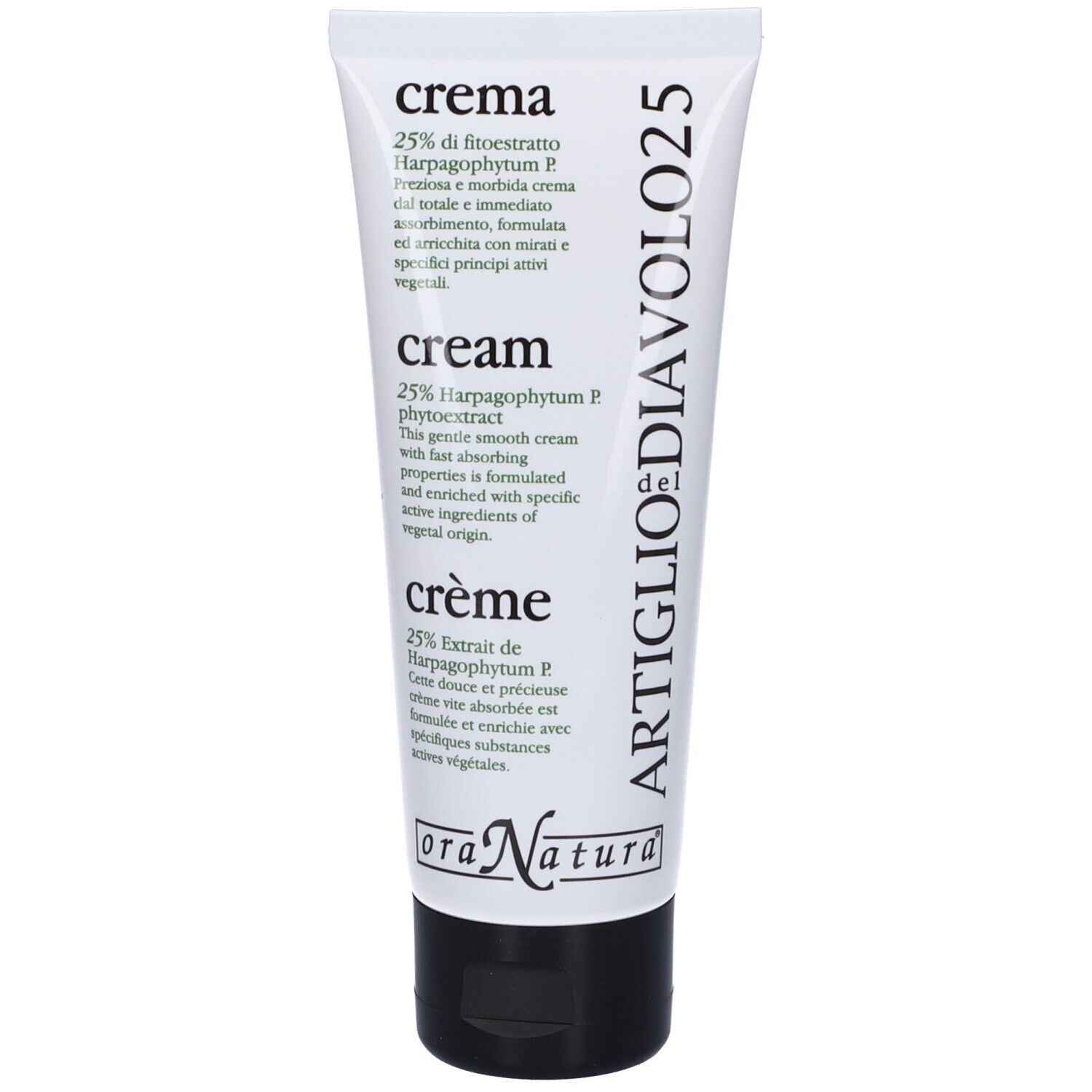 Tubo di crema con tappo nero. Scritta: ARTIGLIO DIAVOLO 25. Nome del prodotto e ingredienti in più lingue.