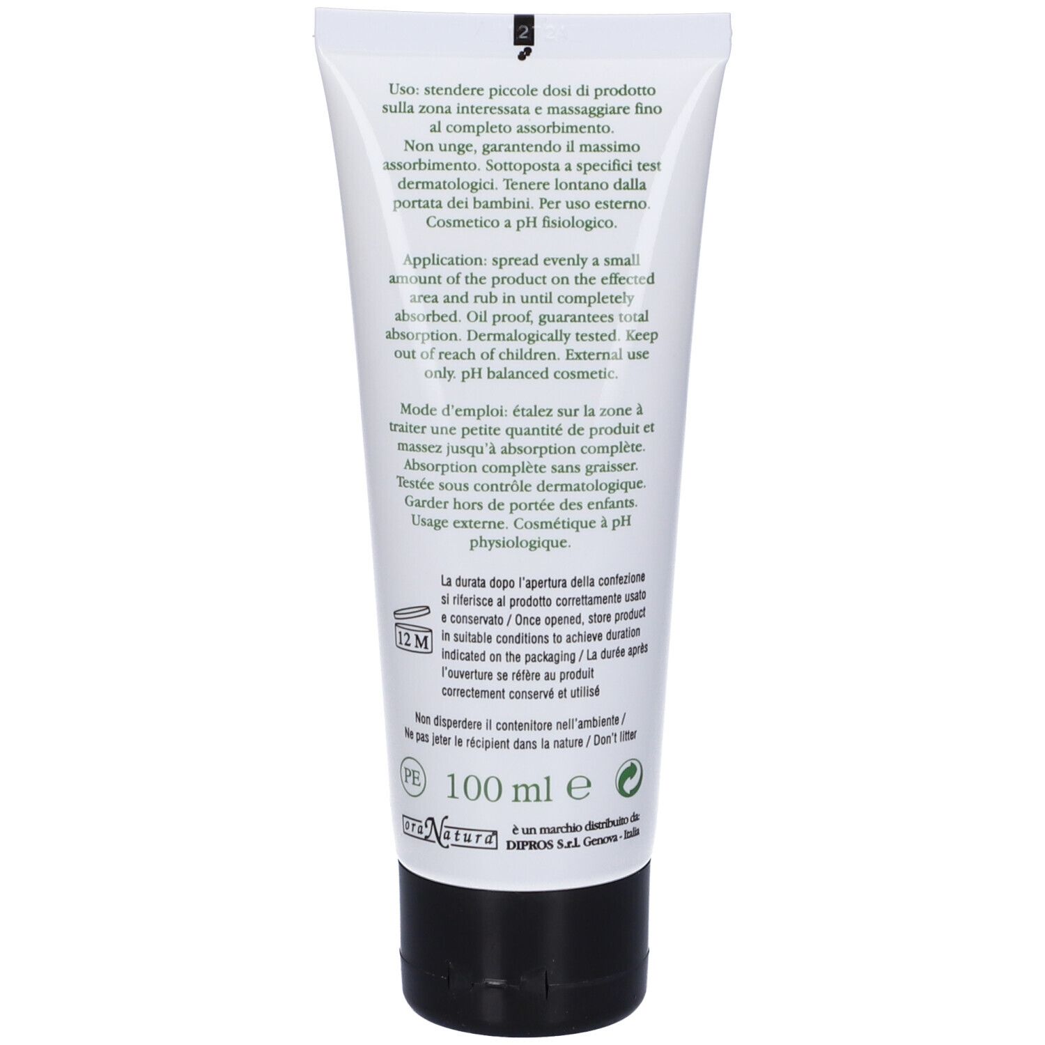 Retro del tubo di crema. Testo multilingue: applicazione, ingredienti, precauzioni, pH.