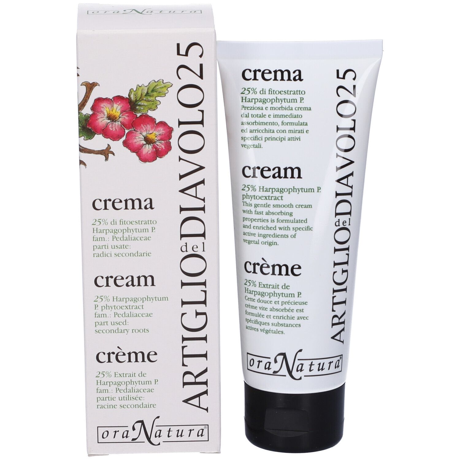 Tubo e scatola di crema. Scritta: ARTIGLIO DIAVOLO 25. Nome del prodotto e ingredienti in più lingue.