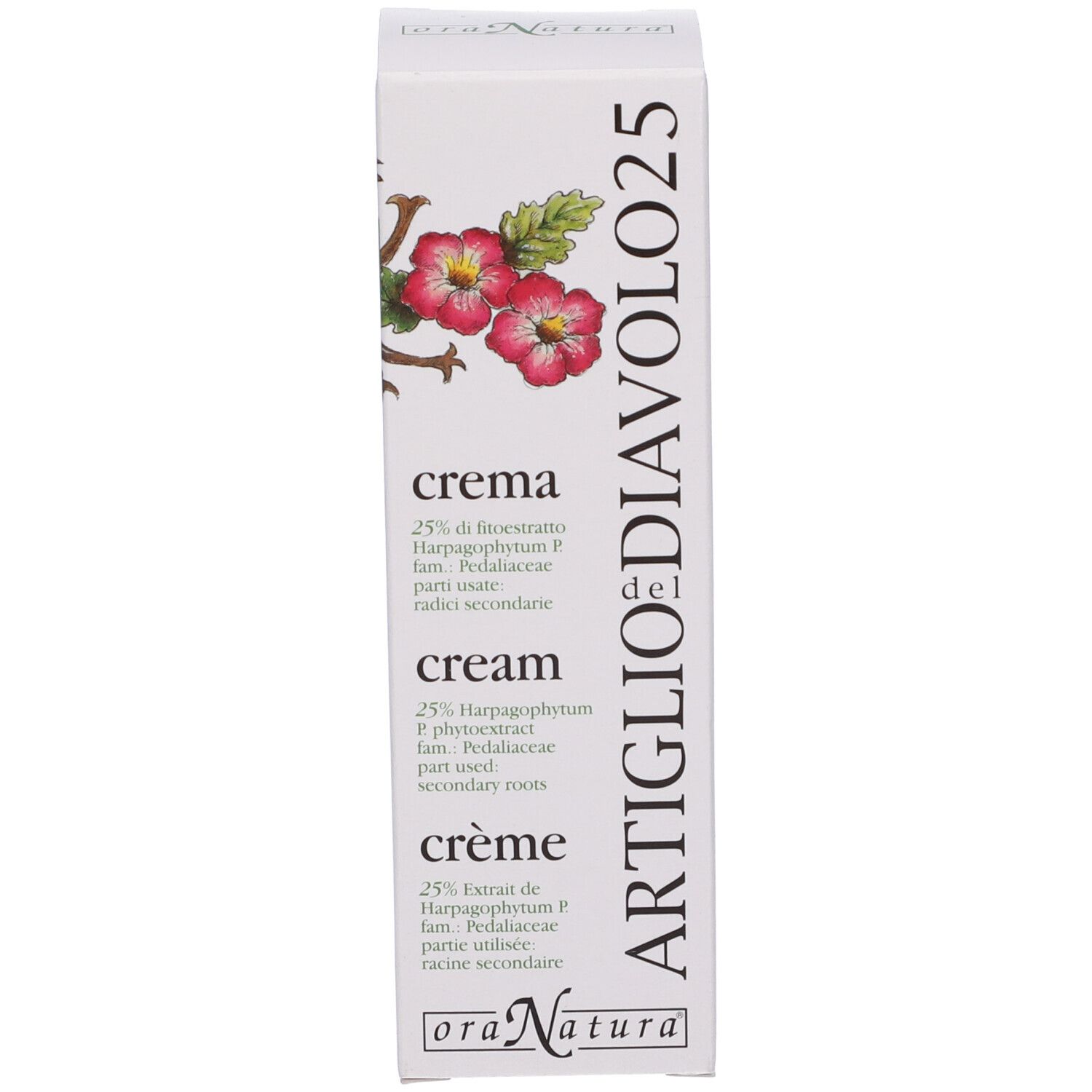 Scatola di crema. Scritta: ARTIGLIO DIAVOLO 25. Nome del prodotto e ingredienti in più lingue.