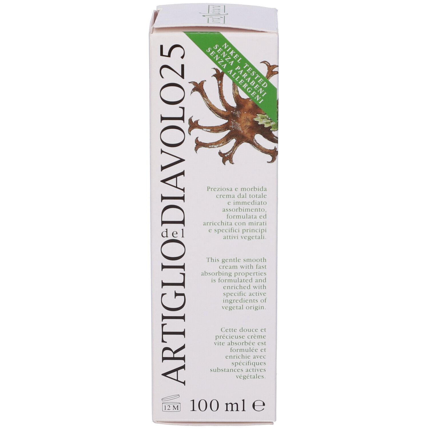 Scatola di crema. Scritta: ARTIGLIO DIAVOLO 25. Testo: Nickel testato, senza parabeni, senza allergeni.