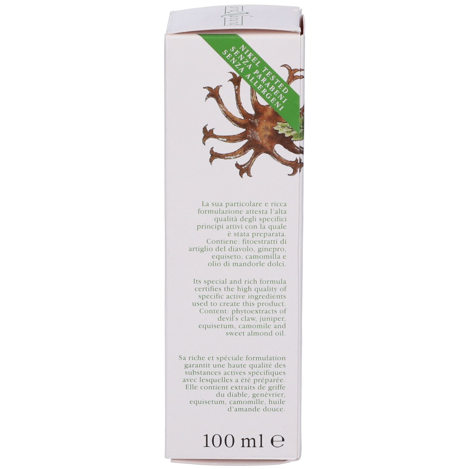 Retro della scatola. Testo multilingue: ingredienti, qualità, 100 ml.