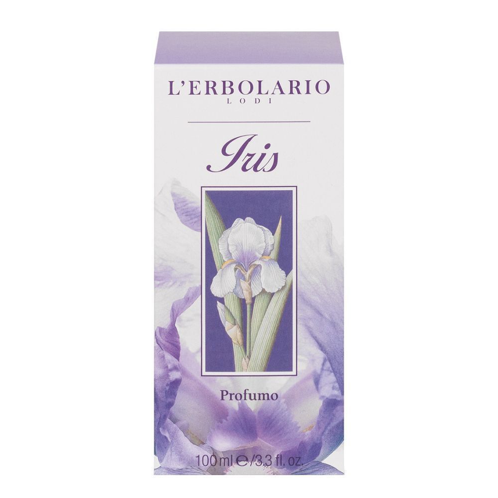 Confezione con motivo iris. Scritte: L'Erbolario Lodi, Iris, Profumo. Immagine del flacone.