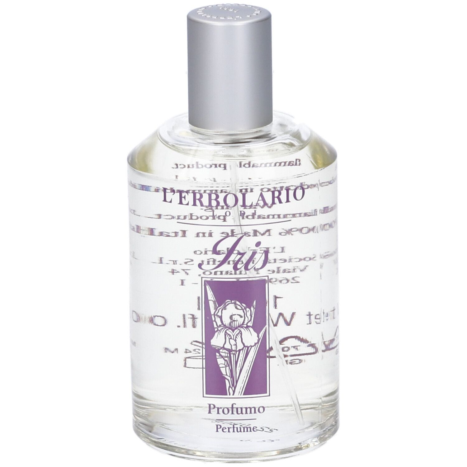 Flacone rotondo in vetro con tappo argentato. Scritta: L'Erbolario, Iris, Profumo. Etichetta con immagine iris.