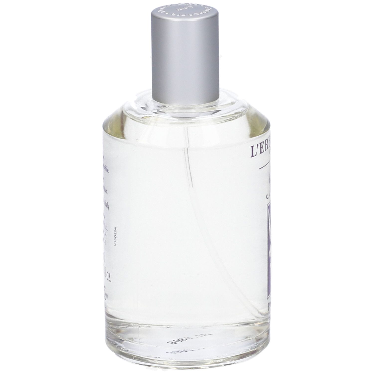 Flacone rotondo in vetro con tappo argentato. Scritta: L'Erbolario, Iris, Profumo. Etichetta con immagine iris.