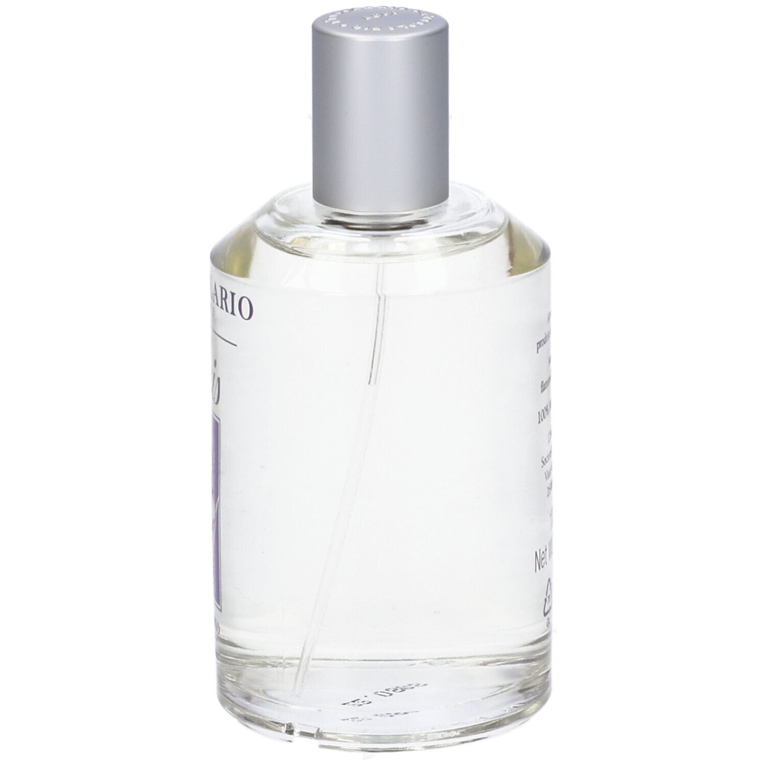 Flacone rotondo in vetro con tappo argentato. Scritta: L'Erbolario, Iris, Profumo. Etichetta con immagine iris.