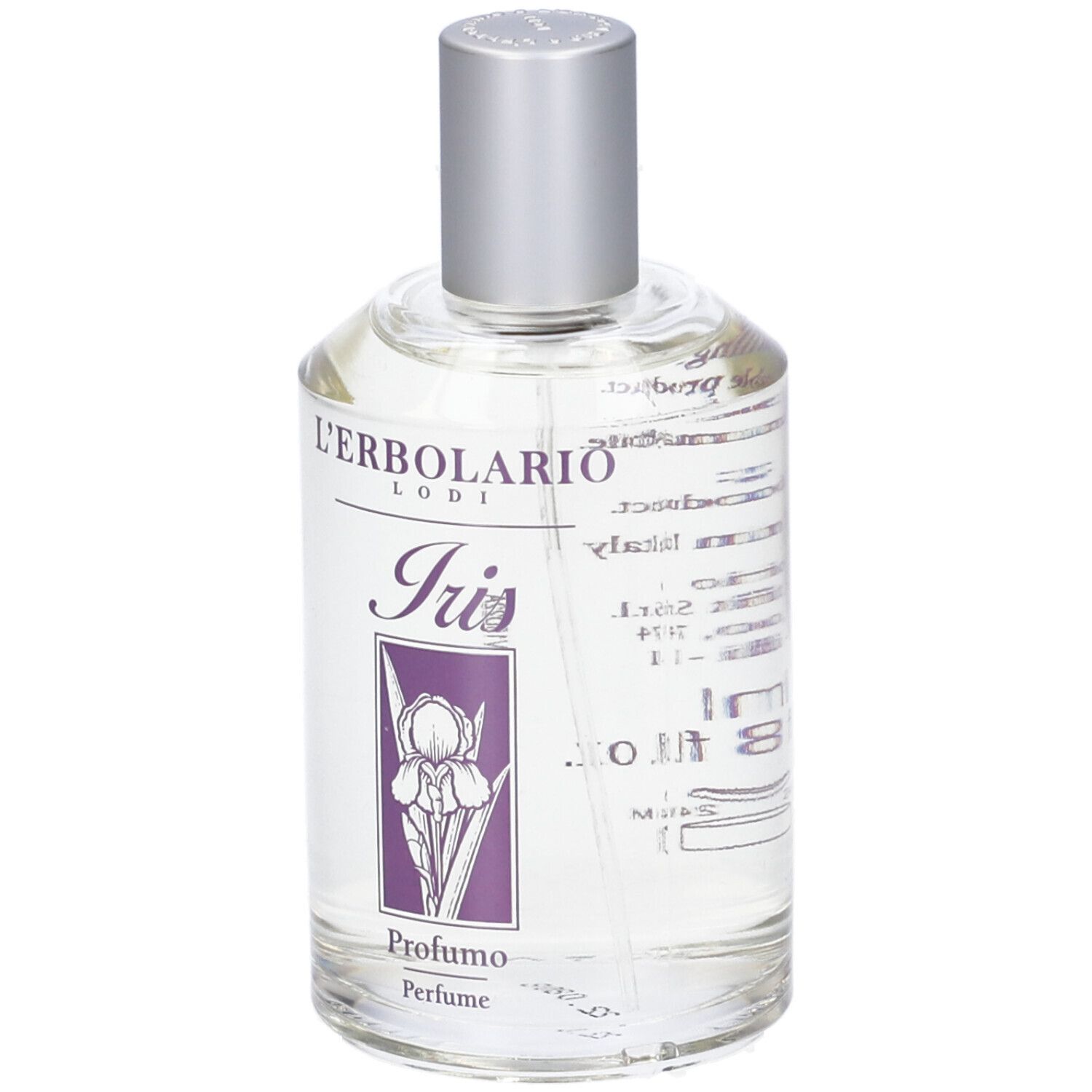 Flacone rotondo in vetro con tappo argentato. Scritta: L'Erbolario, Iris, Profumo. Etichetta con immagine iris.