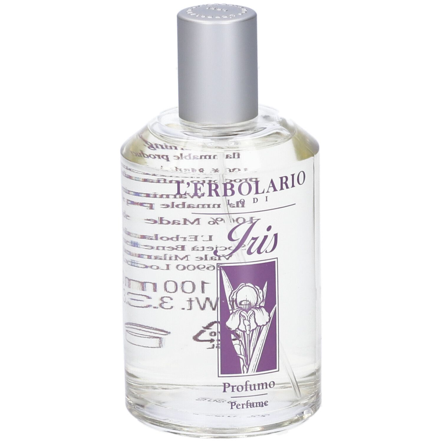 Flacone rotondo in vetro con tappo argentato. Scritta: L'Erbolario, Iris, Profumo. Etichetta con immagine iris.