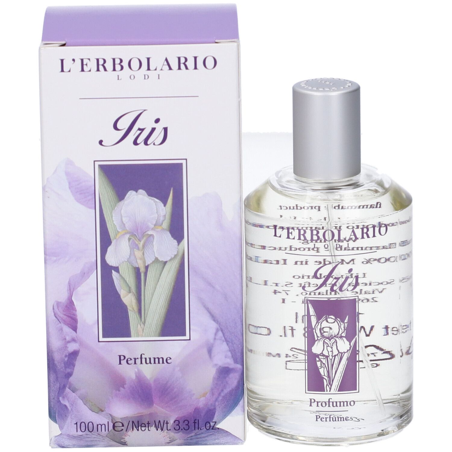 Flacone in vetro e confezione. Scritte: L'Erbolario Lodi, Iris, Profumo. Flacone con tappo argentato.