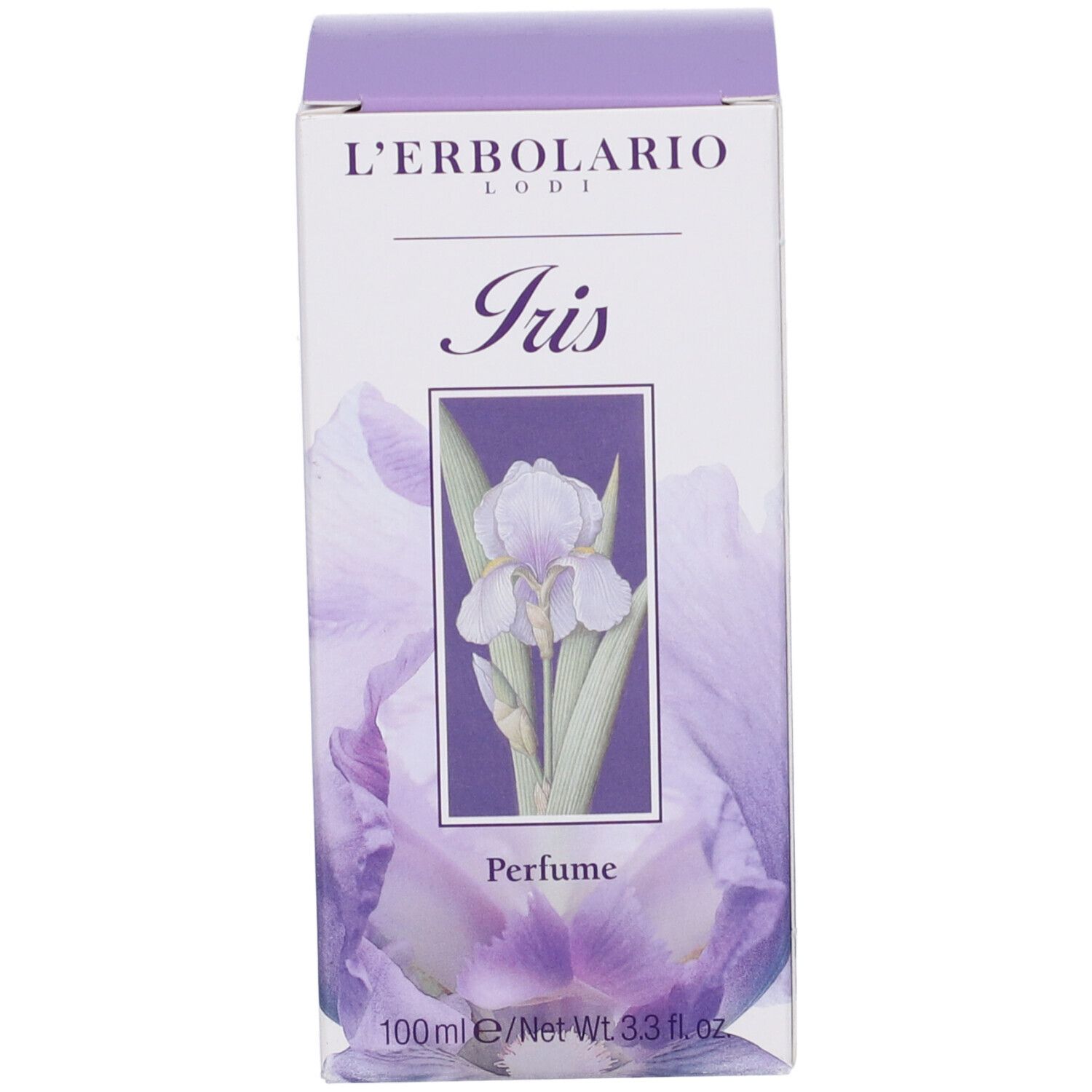 Confezione con motivo iris. Scritte: L'Erbolario Lodi, Iris, Profumo. Immagine del flacone.