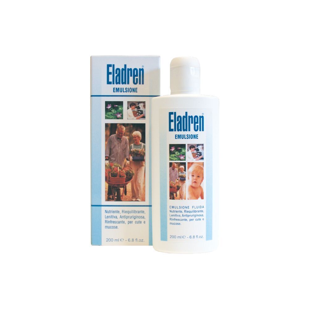 Flacone e scatola bianchi con stampa del prodotto. Scritta Eladren Emulsione. Immagini di persone e bambino.