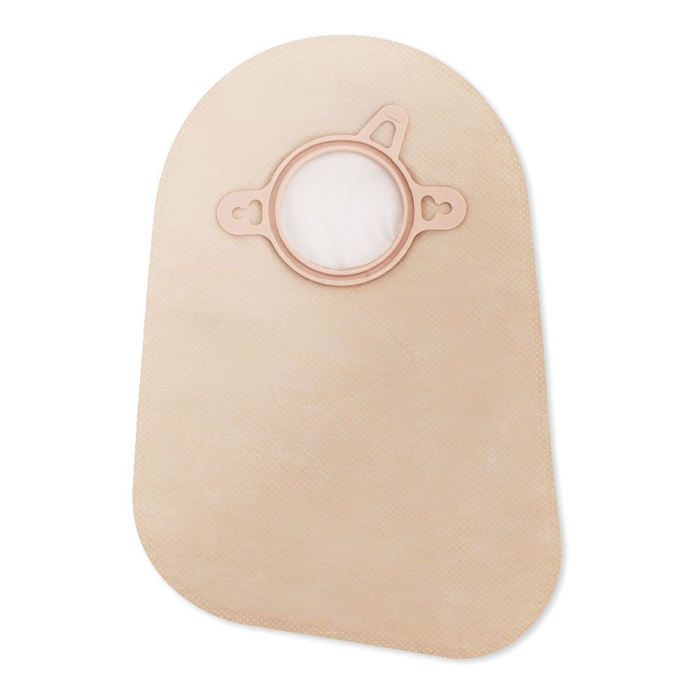 Sacca per colostomia opaca beige. Flangia circolare integrata. Apertura per cintura. Forma ovale.