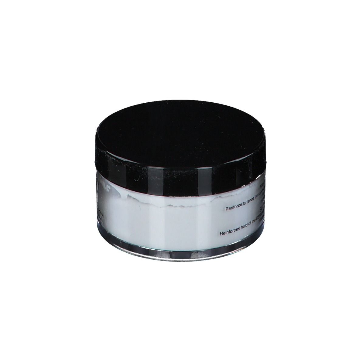Pot rond avec couvercle noir. Poudre Vichy Dermablend. Logo et texte.