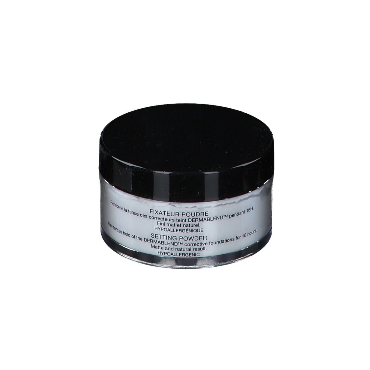 Pot rond avec couvercle noir. Poudre Vichy Dermablend. Logo et texte.