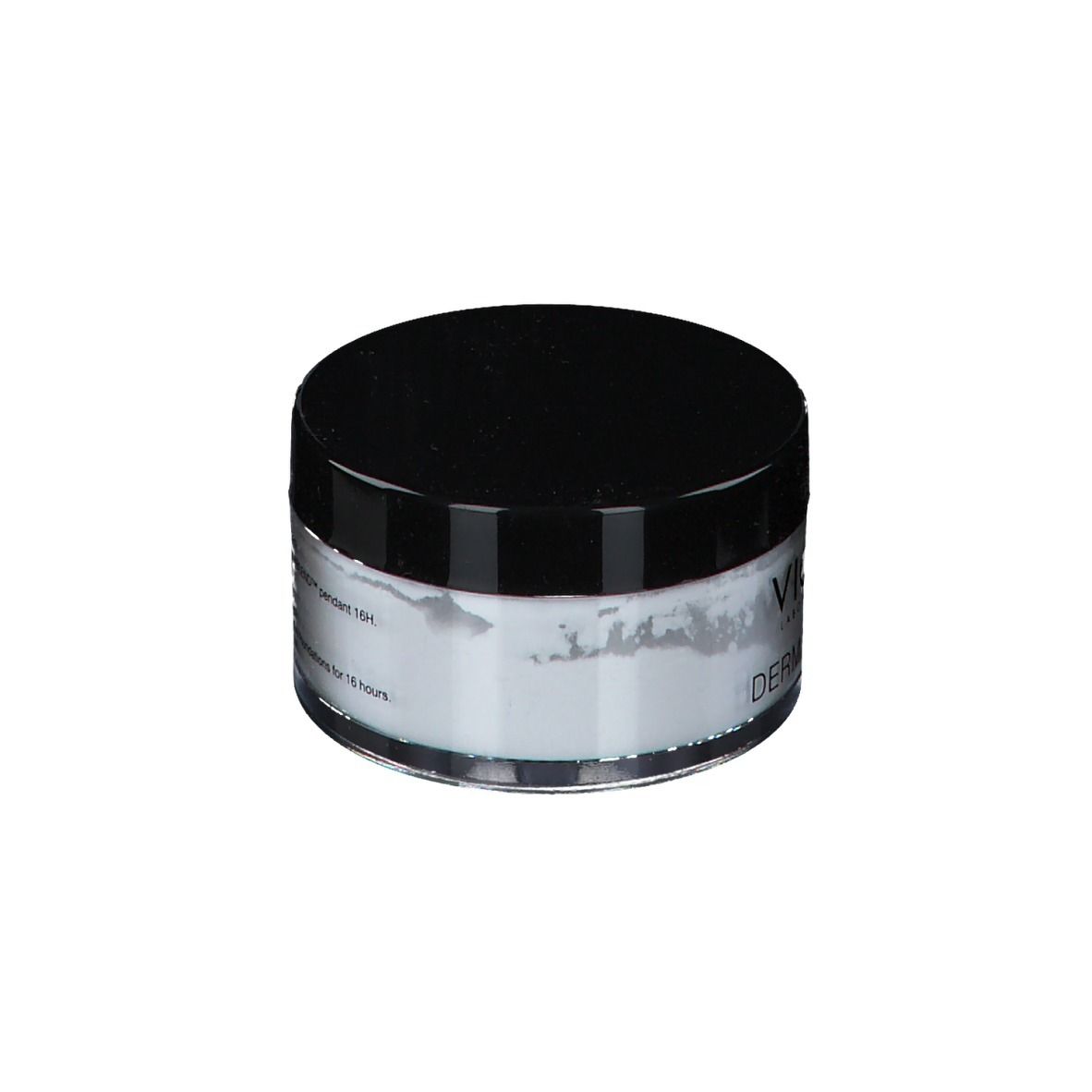 Pot rond avec couvercle noir. Poudre Vichy Dermablend. Logo et texte.
