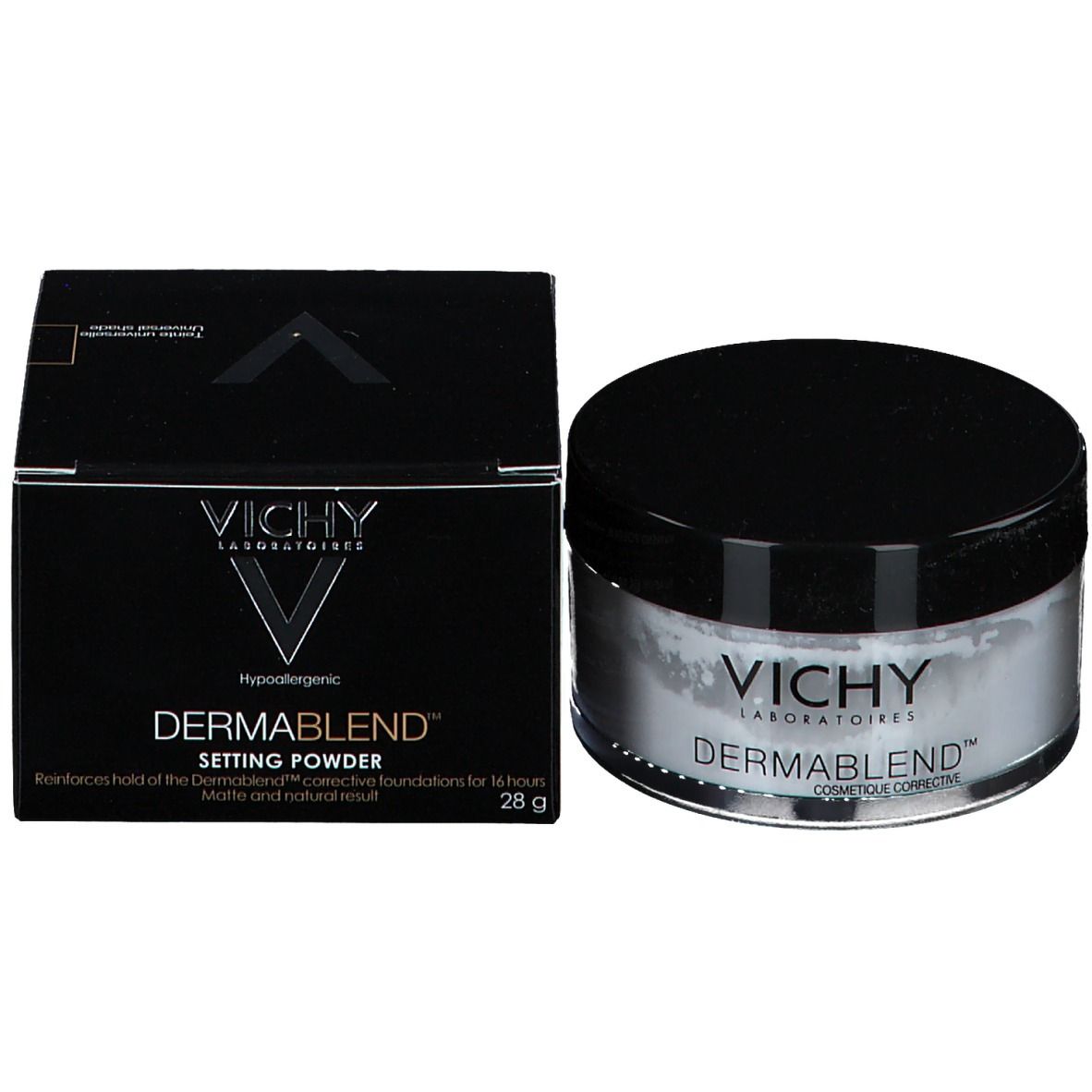 Boîte noire et pot. Vichy Dermablend Setting Powder. Logo et texte. 28g.