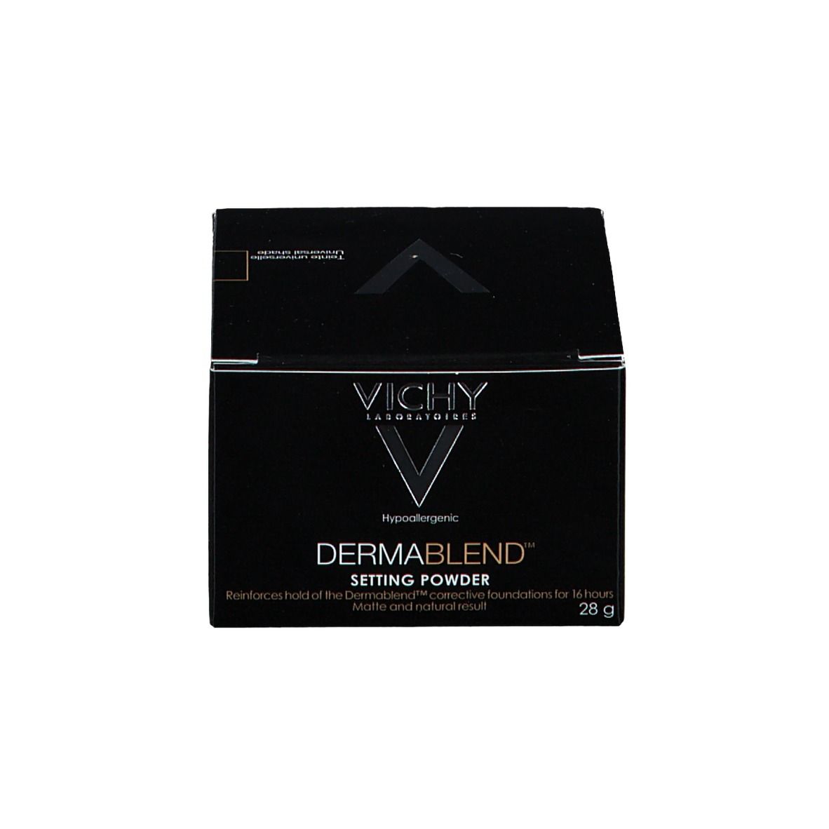 Boîte noire. Vichy Dermablend Setting Powder. Logo et texte. 28g.
