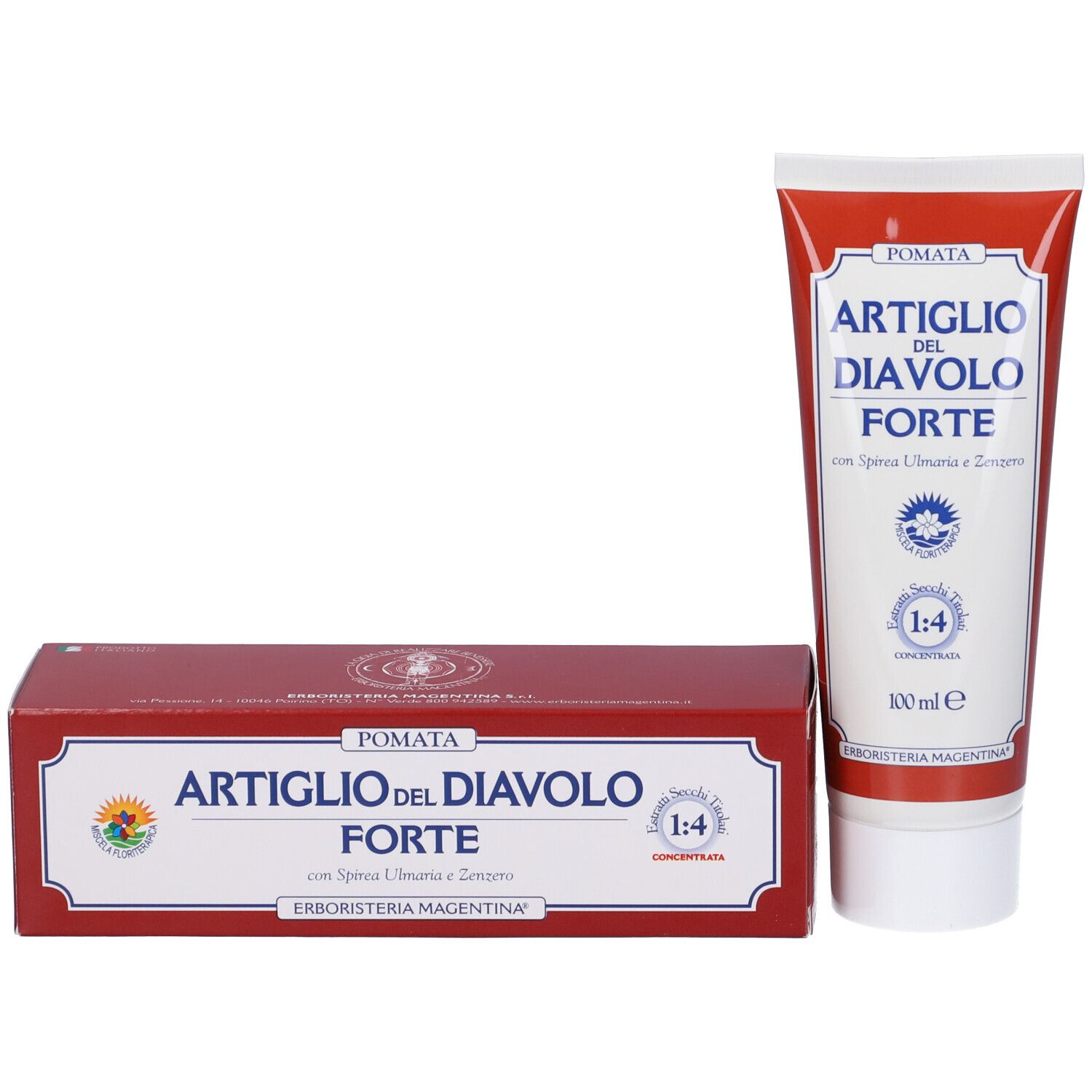Tube und Schachtel. Aufschrift: ARTIGLIO DEL DIAVOLO FORTE. Enthält Spirea Ulmaria und Zenzero. 1:4 konzentriert. Rote und weiße Aufmachung.