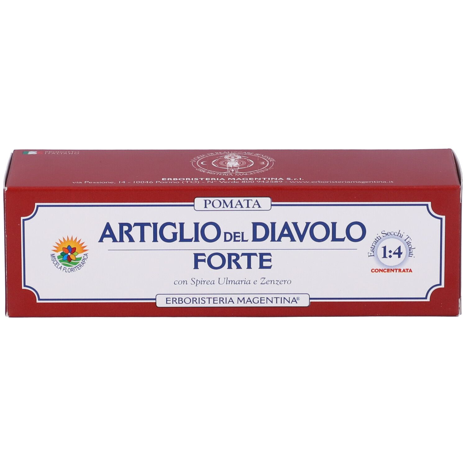 Rote Schachtel. Aufschrift: ARTIGLIO DEL DIAVOLO FORTE. Enthält Spirea Ulmaria und Zenzero. 1:4 konzentriert. Herstellerlogo.