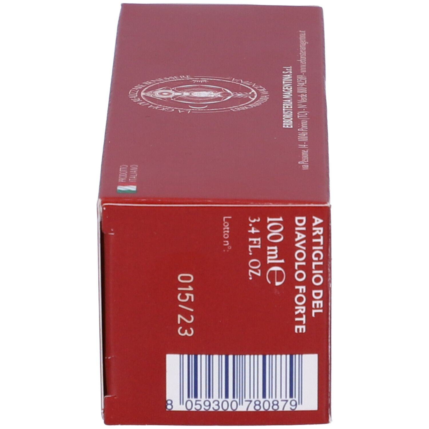 Seitenansicht der roten Schachtel. Aufschrift: ARTIGLIO DEL DIAVOLO FORTE. Volumen: 100 ml. Chargennummer und Verfallsdatum.