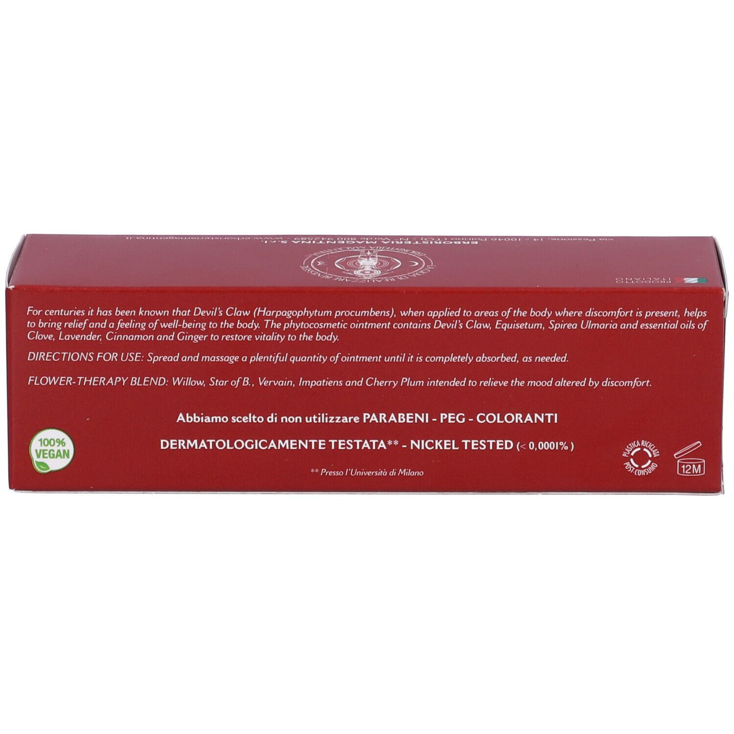 Rückseite der roten Schachtel. Text in italienischer Sprache. Informationen zur Anwendung und Inhaltsstoffe.