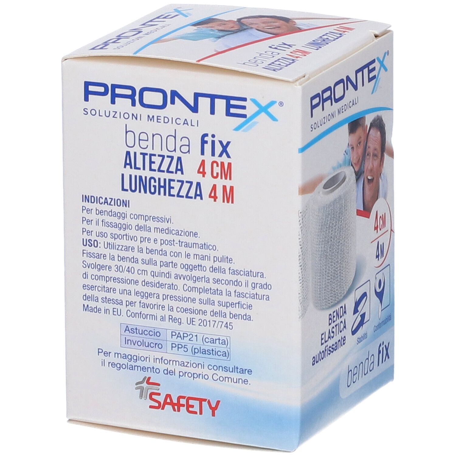 Prontex Benda Fix: 4 cm breites, selbsthaftendes elastisches Verbandmittel. Mit Anwendungshinweisen.