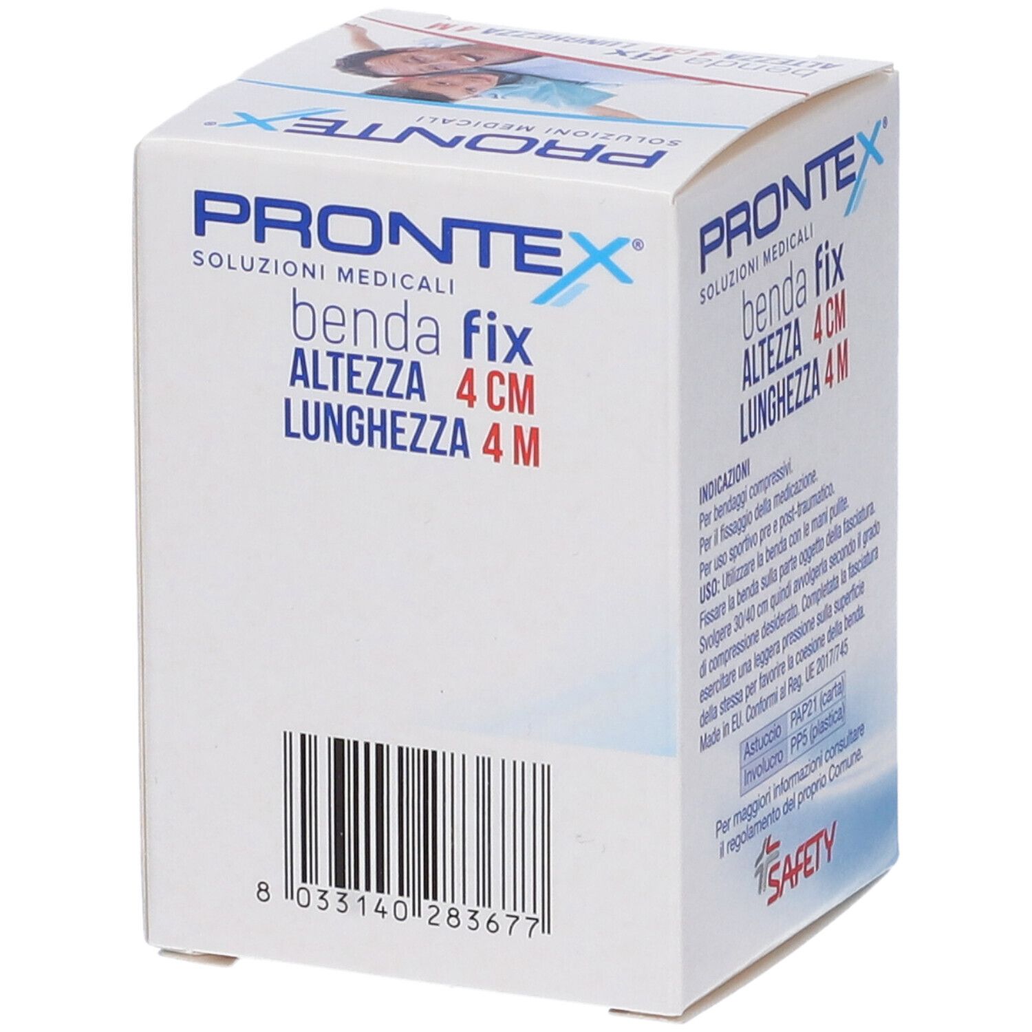 Prontex Benda Fix: 4 cm breites, selbsthaftendes elastisches Verbandmittel. Rückseite mit Barcode.