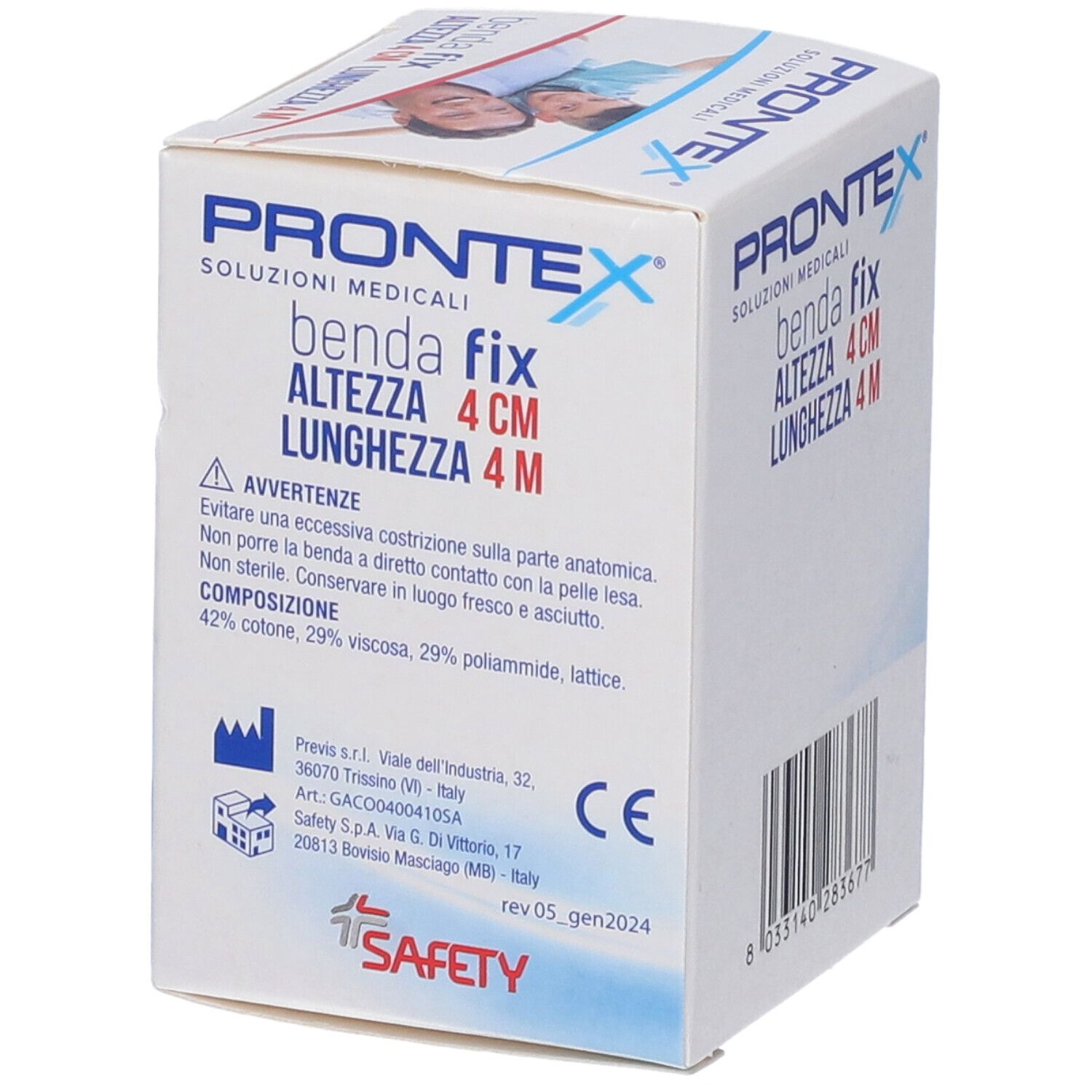 Prontex Benda Fix: 4 cm breites, selbsthaftendes elastisches Verbandmittel. Mit Warnhinweisen.