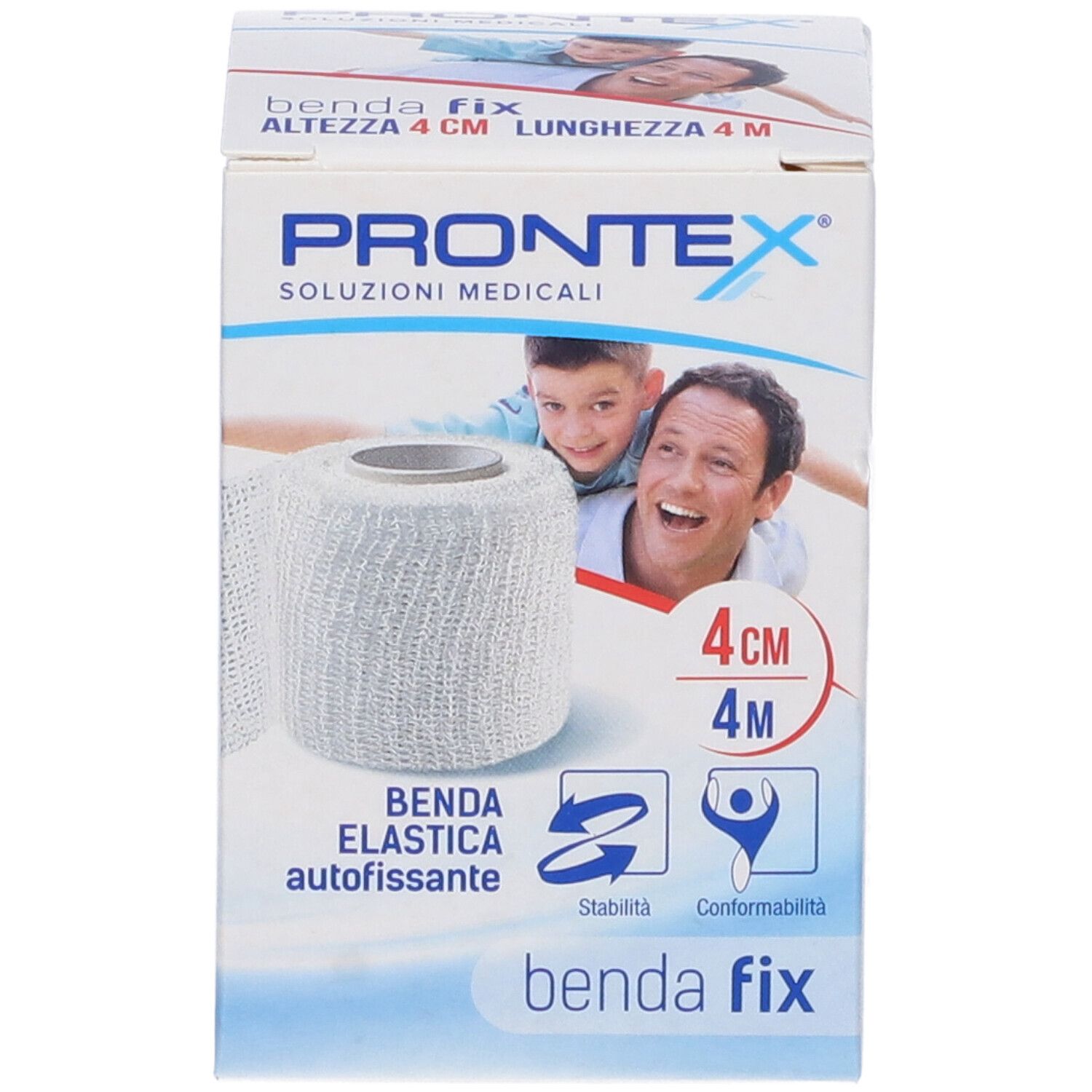 Prontex Benda Fix: 4 cm breites, selbsthaftendes elastisches Verbandmittel. Mit Anwendungshinweisen.