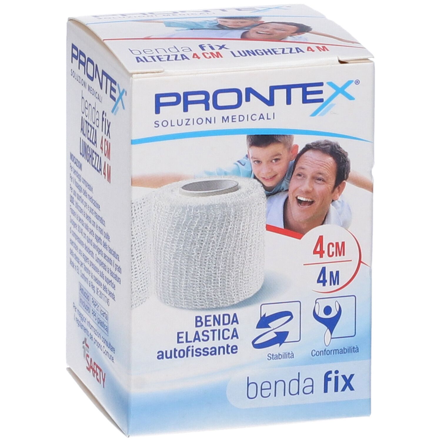 Prontex Benda Fix: 4 cm breites, selbsthaftendes elastisches Verbandmittel. Mit Anwendungshinweisen.