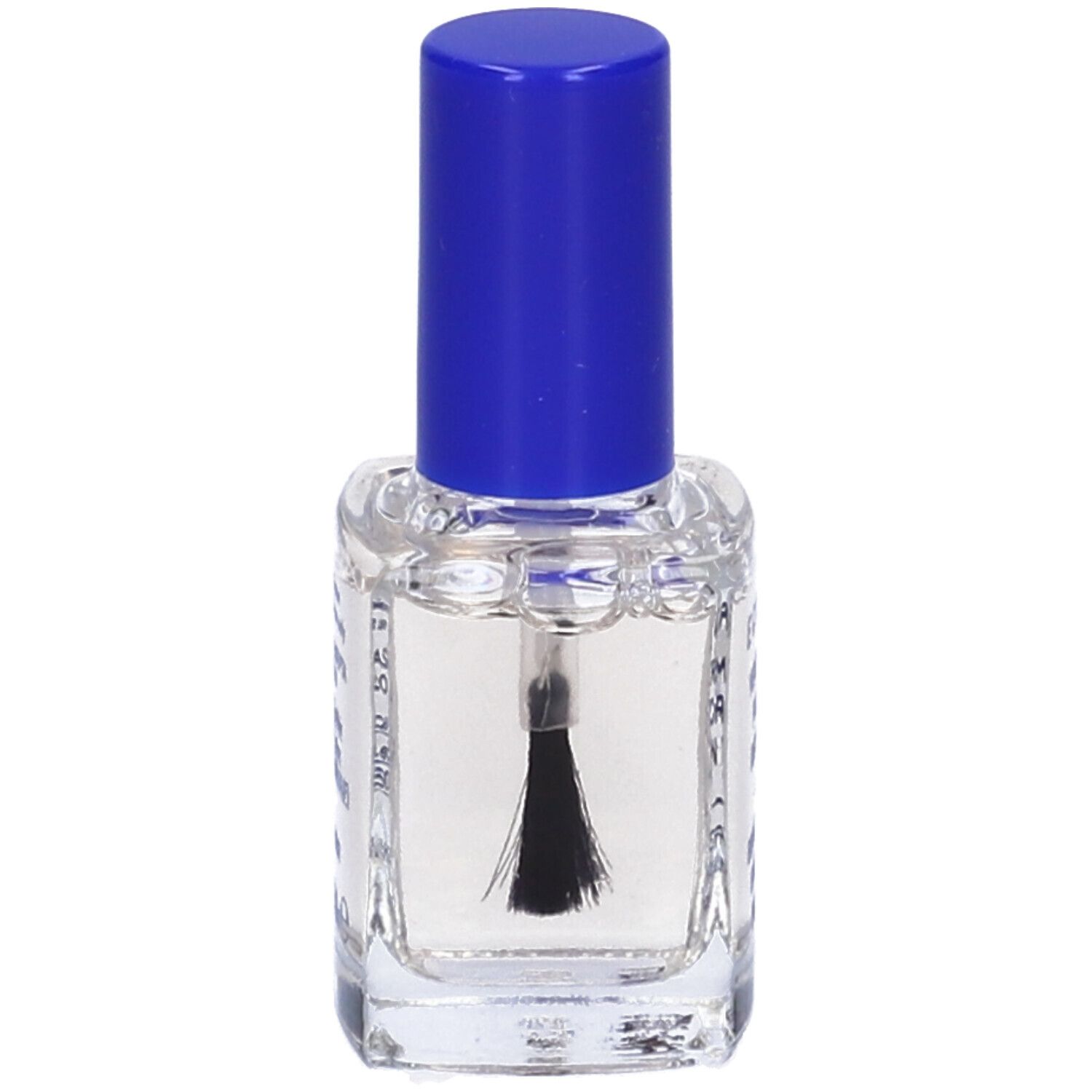 Flacone di smalto trasparente con tappo blu e pennello. Scritta: ECRINAL, Vernis Amer, Formule Renforcée, Bitter Polish, Enhanced Formula.