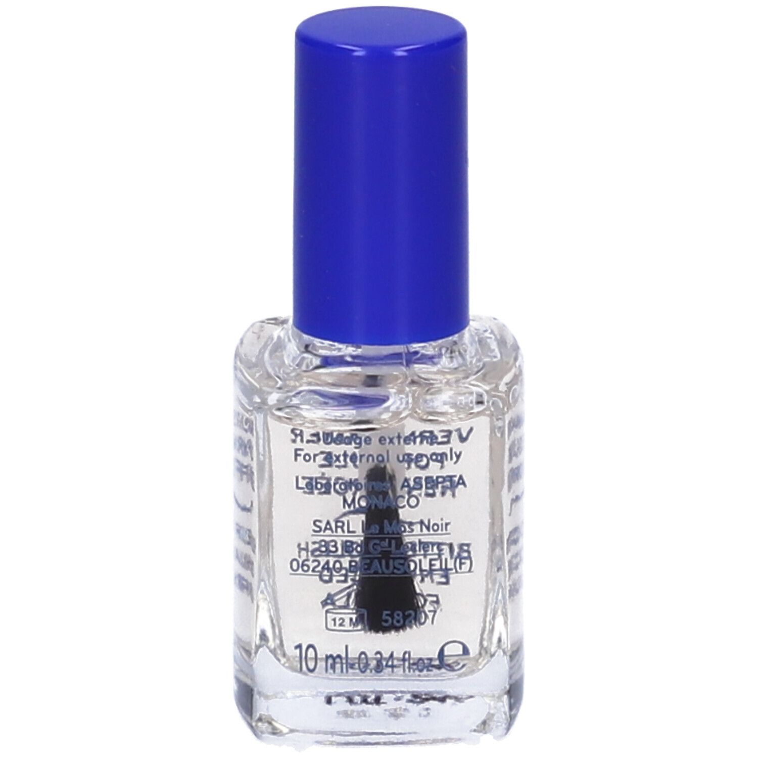 Flacone di smalto trasparente con tappo blu. Scritta: ECRINAL, Vernis Amer, Formule Renforcée, Bitter Polish, Enhanced Formula. 10 ml.