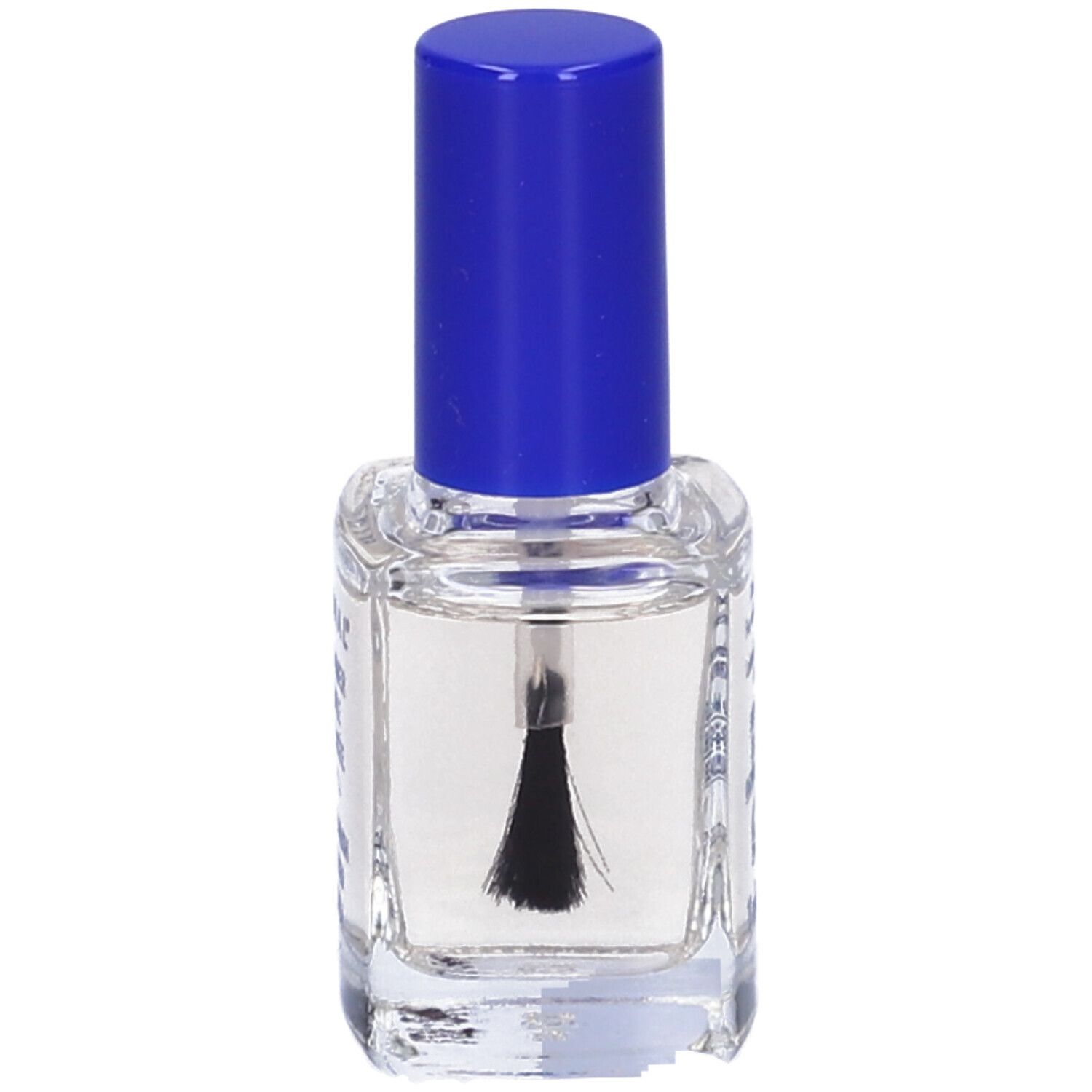 Flacone di smalto trasparente con tappo blu e pennello. Scritta: ECRINAL, Vernis Amer, Formule Renforcée, Bitter Polish, Enhanced Formula.