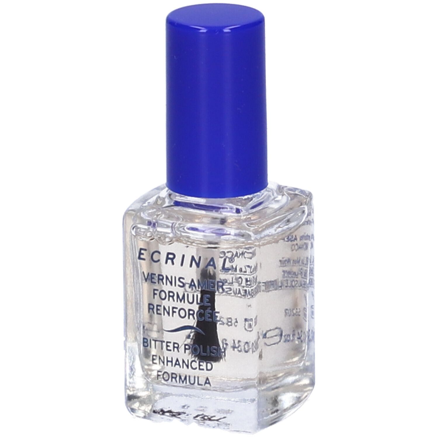 Flacone di smalto trasparente con tappo blu e pennello. Scritta: ECRINAL, Vernis Amer, Formule Renforcée, Bitter Polish, Enhanced Formula.
