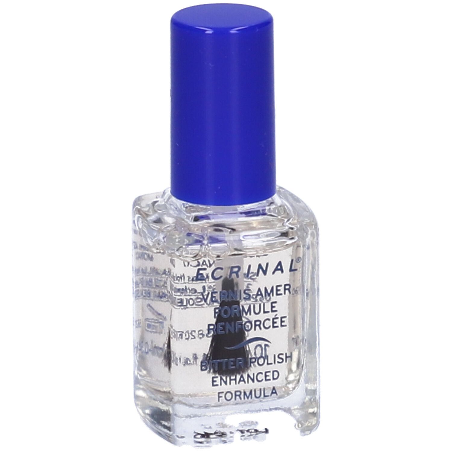 Flacone di smalto trasparente con tappo blu e pennello. Scritta: ECRINAL, Vernis Amer, Formule Renforcée, Bitter Polish, Enhanced Formula.