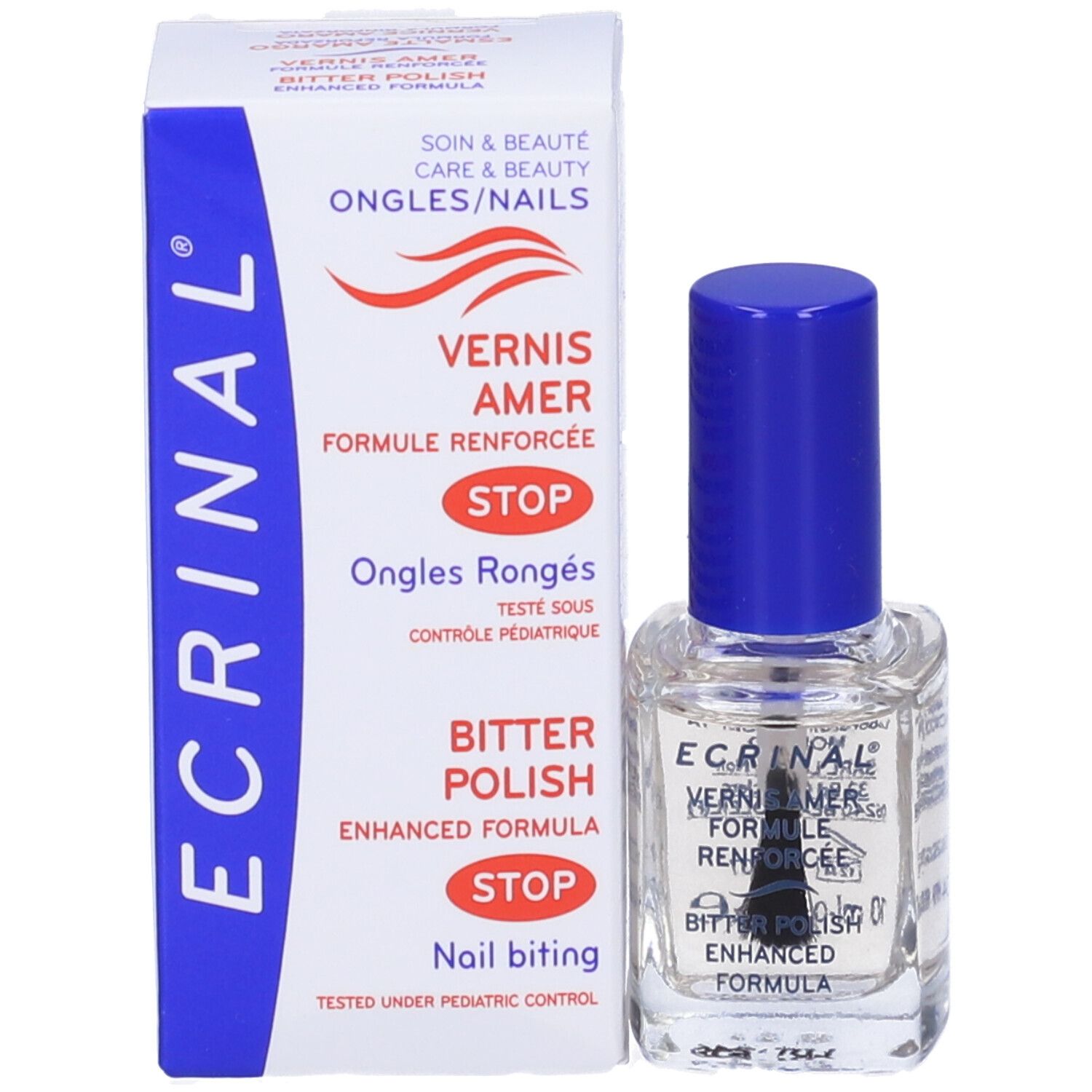 Confezione e flacone di smalto per unghie. Confezione: ECRINAL, Vernis Amer, Bitter Polish, Stop. Flacone: trasparente, blu, ECRINAL, Vernis Amer.