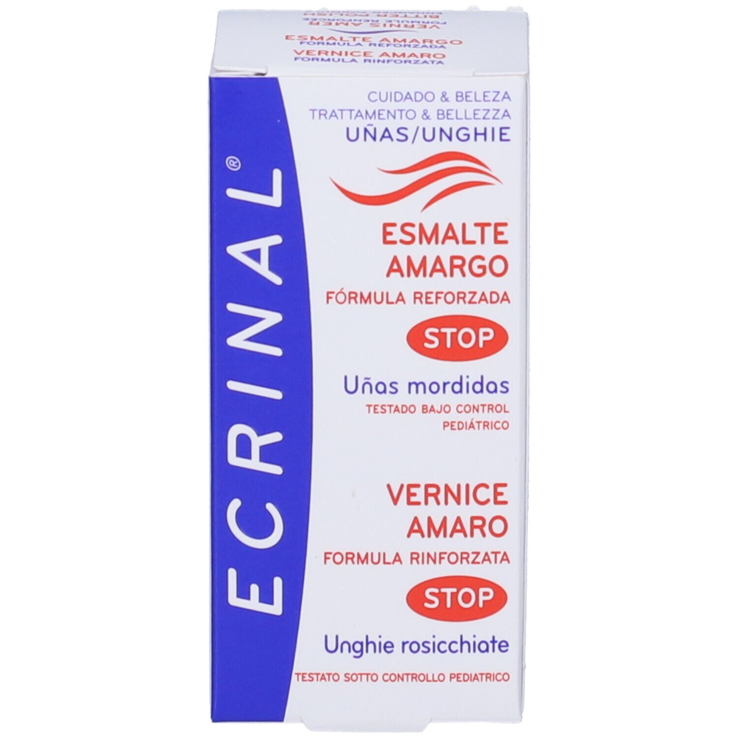 Confezione del prodotto con testo: ECRINAL, Smalto Amaro, Vernice Amaro, Stop. Per unghie.