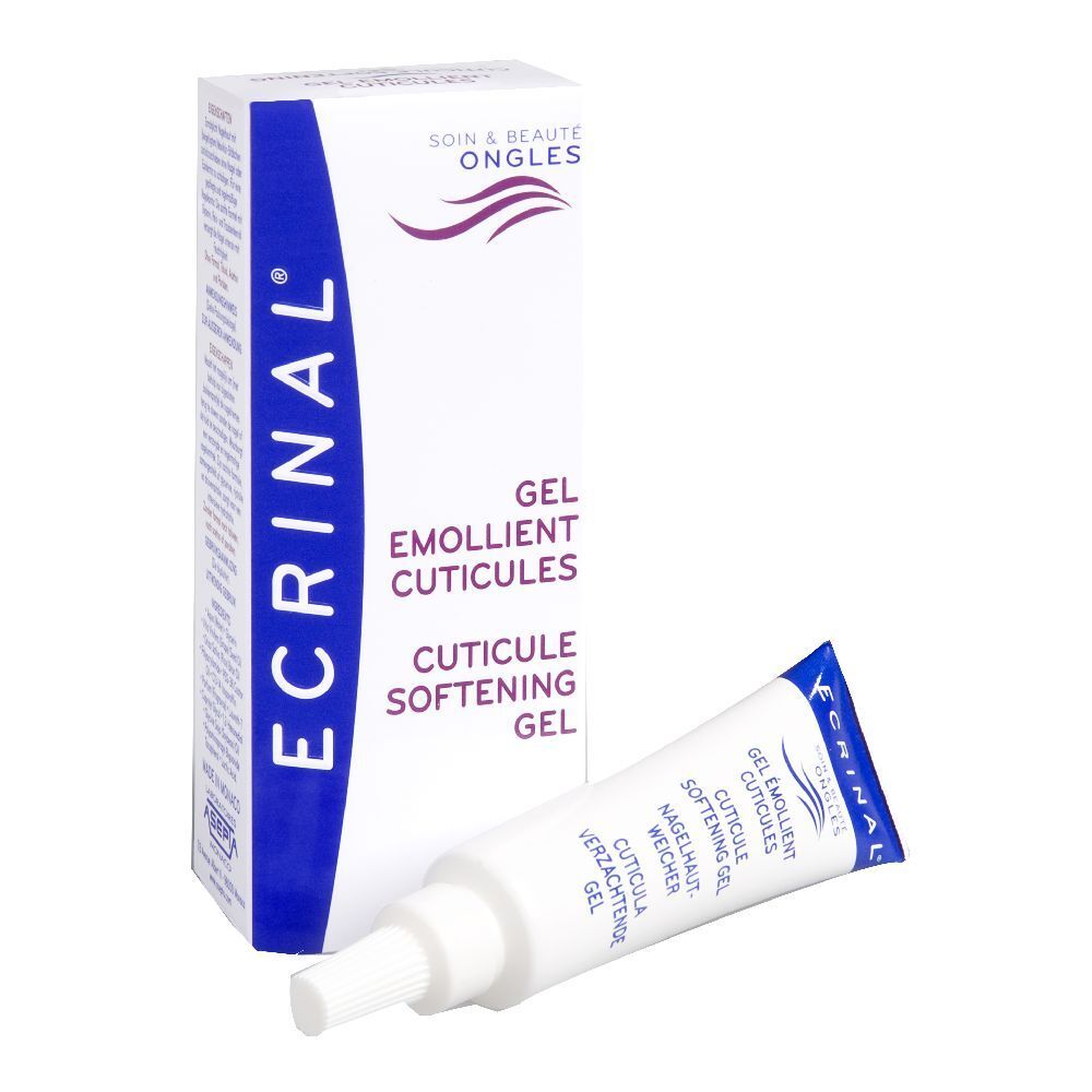 Ecrinal Gel Anticuticole, tubo e scatola. Bianco, blu e viola. Contiene gel per cuticole.