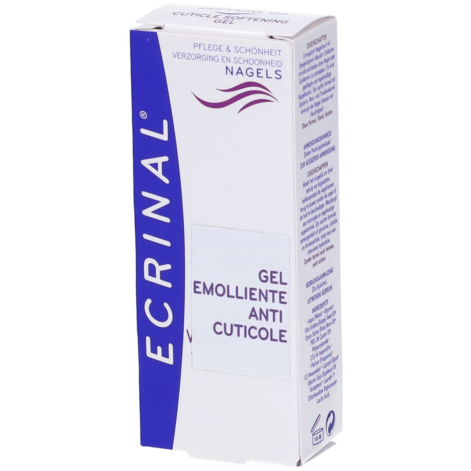 Scatola Ecrinal Gel Anticuticole. Bianco, blu e viola. Testo: Gel Emolliente Anti Cuticole.