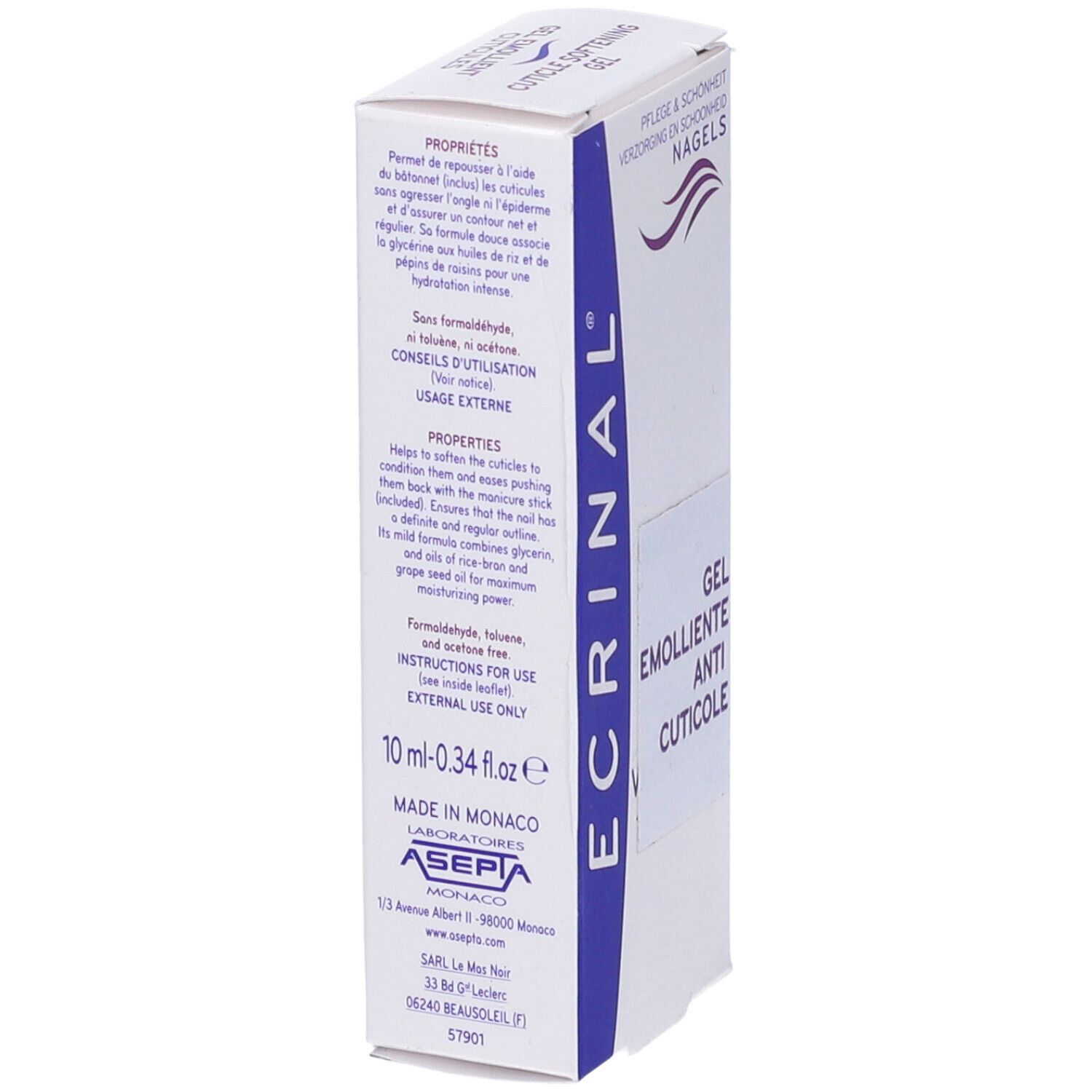 Scatola Ecrinal Gel Anticuticole. Bianco, blu e viola. Testo: Gel Emolliente Anti Cuticole.