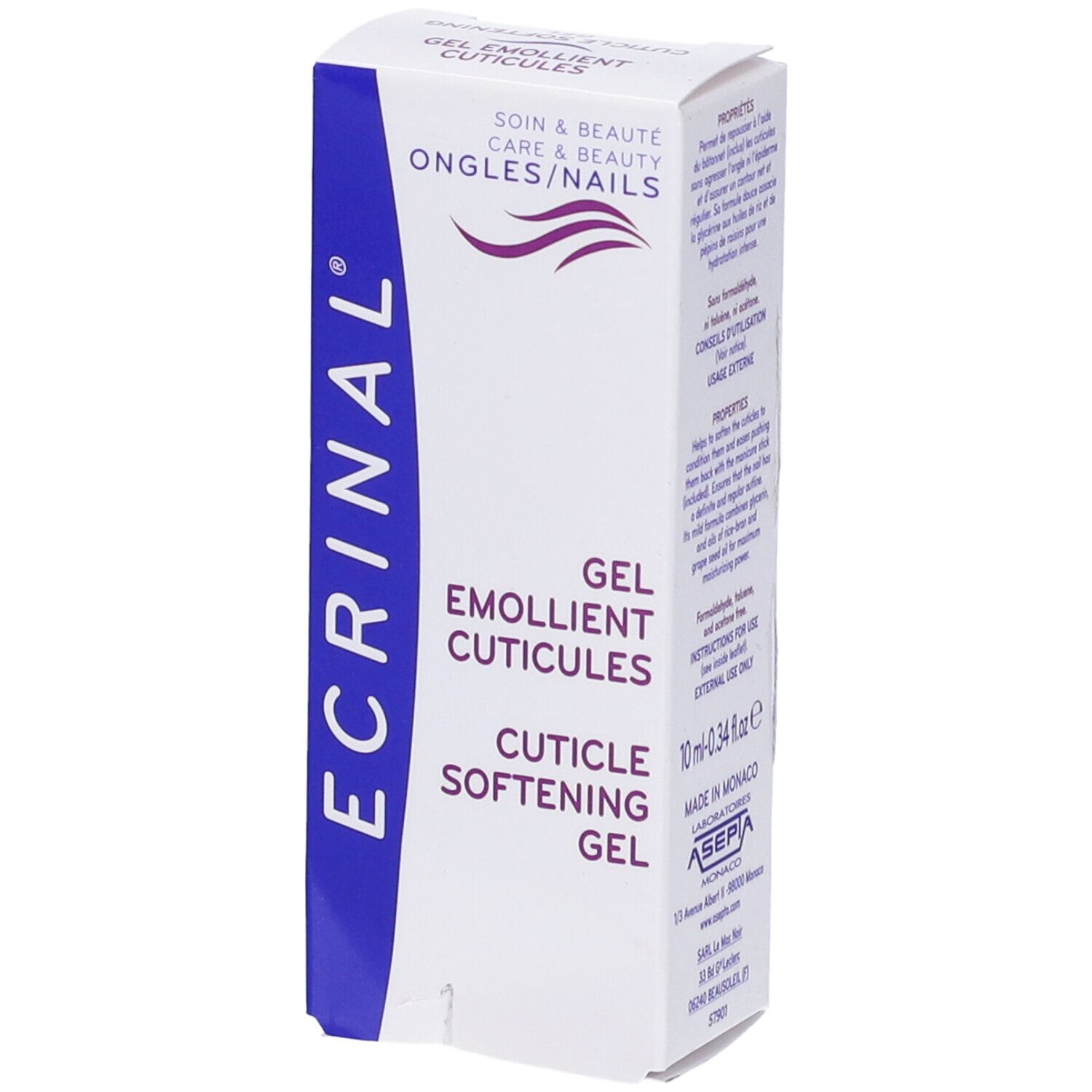 Scatola Ecrinal Gel Anticuticole. Bianco, blu e viola. Testo: Gel Emolliente Anti Cuticole.